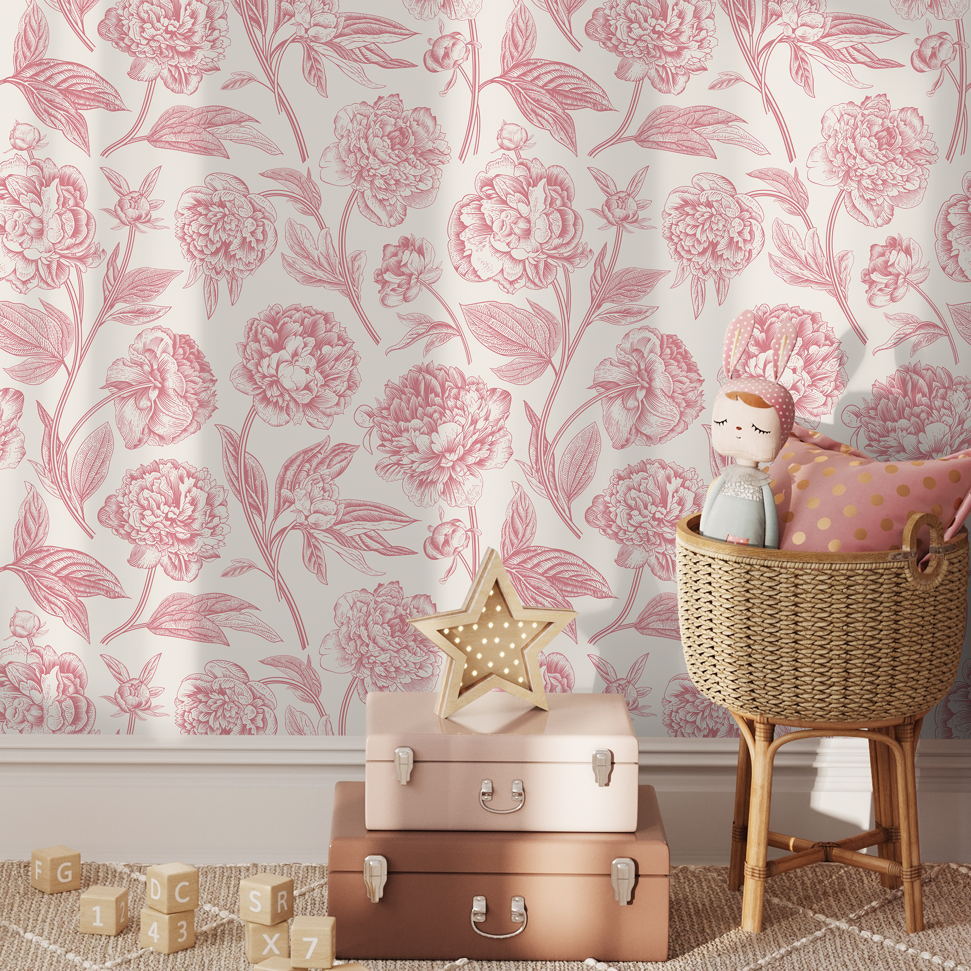 Floral Wallpaper With Vintage Peony Blooms In Pink And Cream - C052