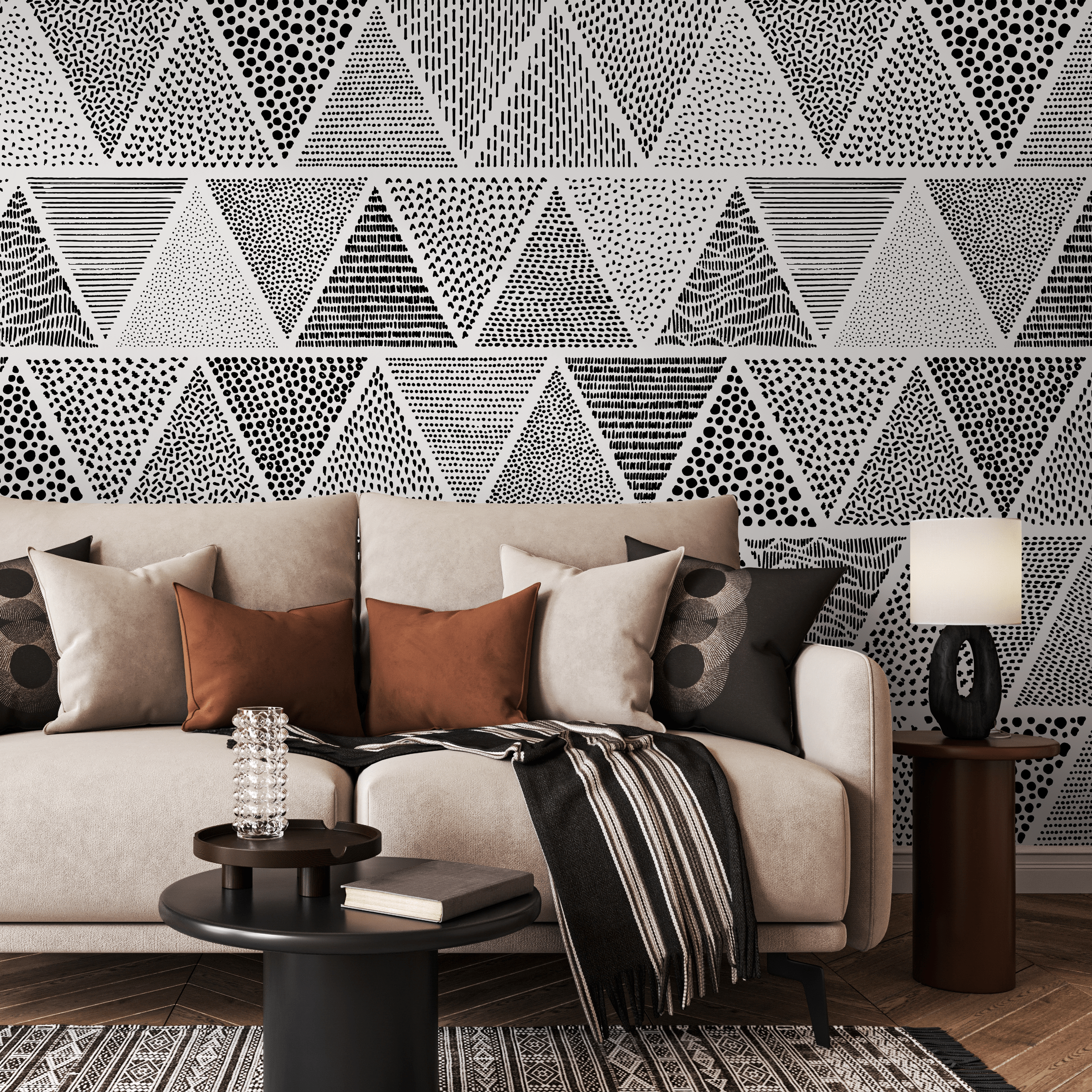 Geometric Wallpaper With Hand-drawn Triangle Motifs In Black And White - C053