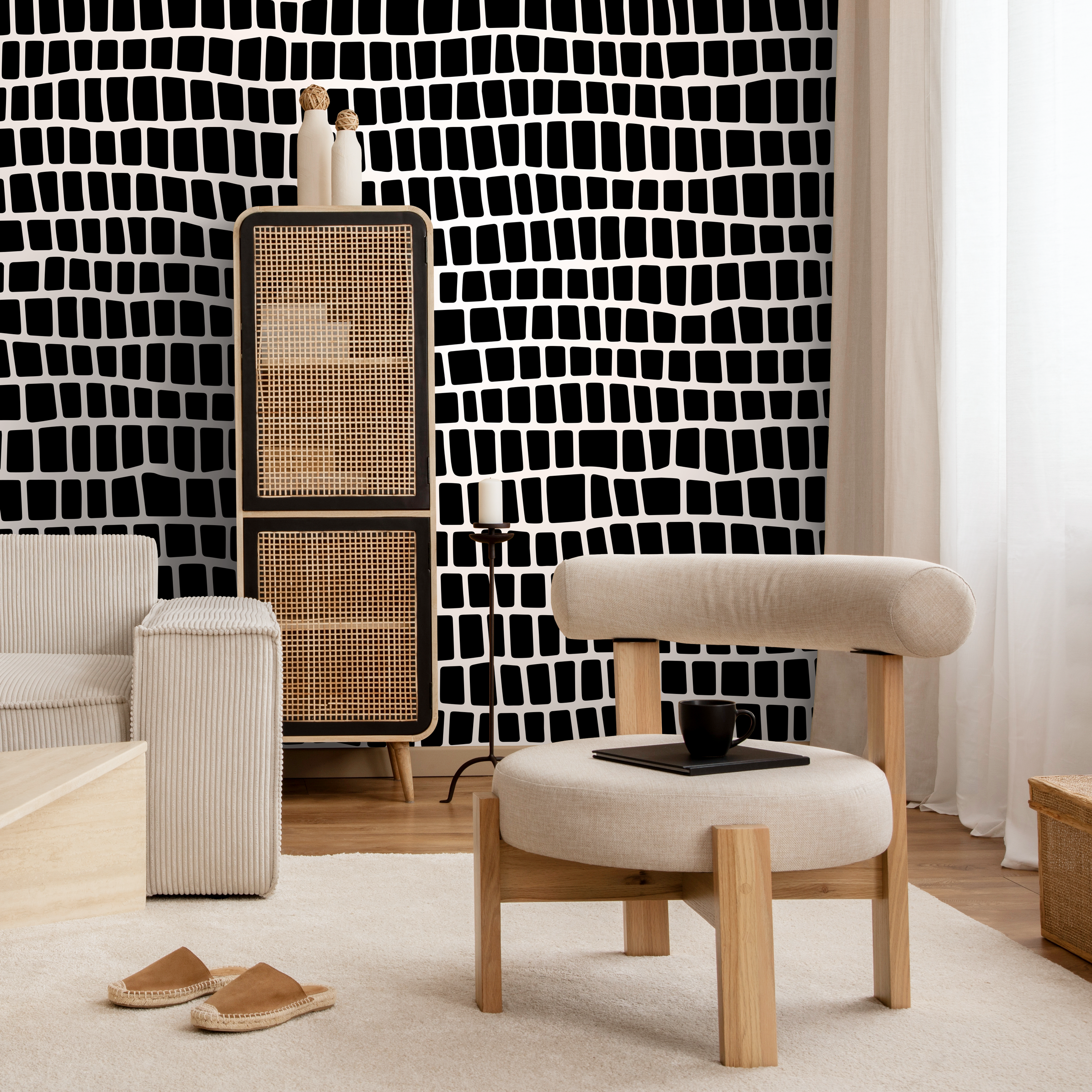 Geometric Wallpaper Featuring An Irregular Block Print In Black And White - C054