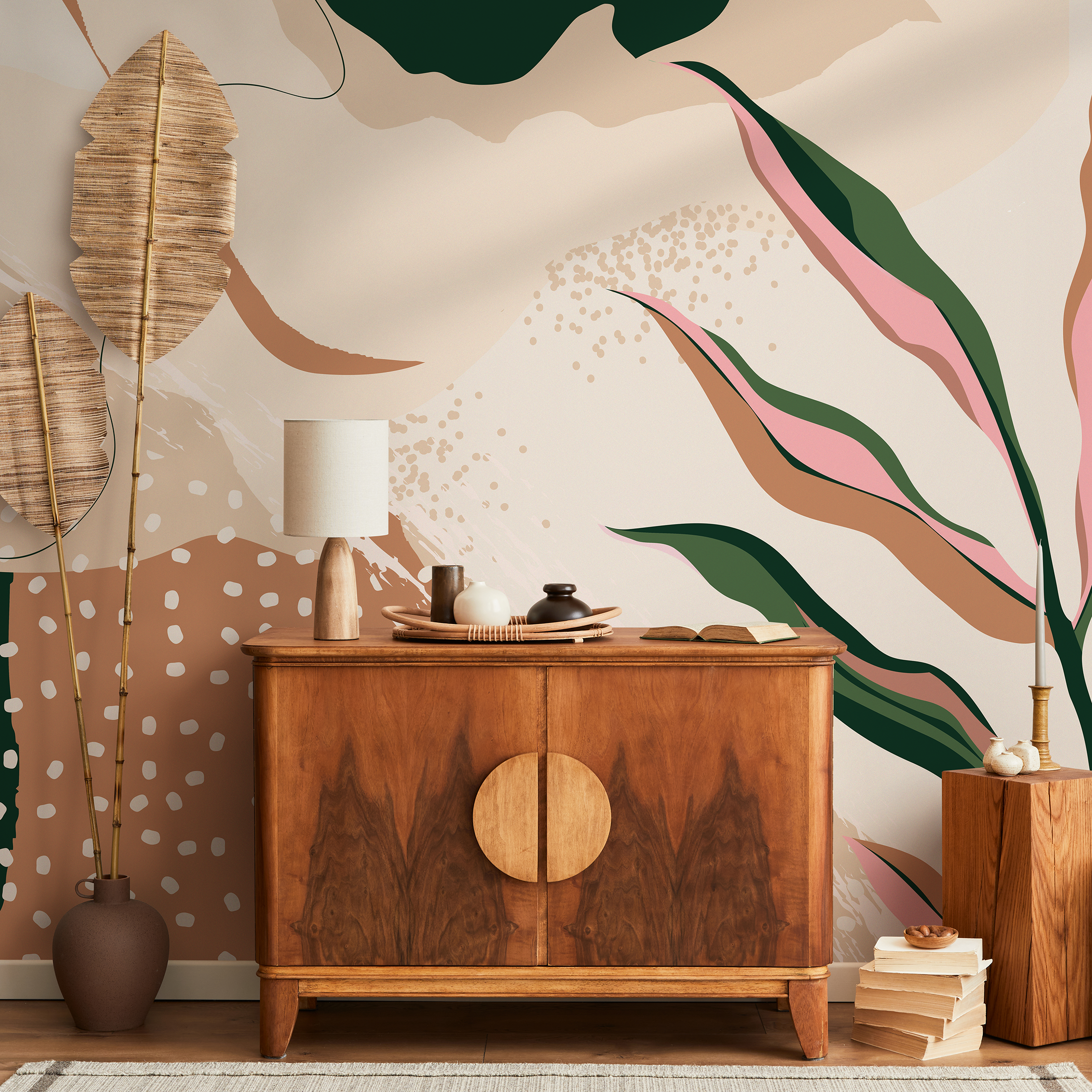 Abstract Wallpaper With Botanical Shapes In Terracotta, Green, And Pink - C055