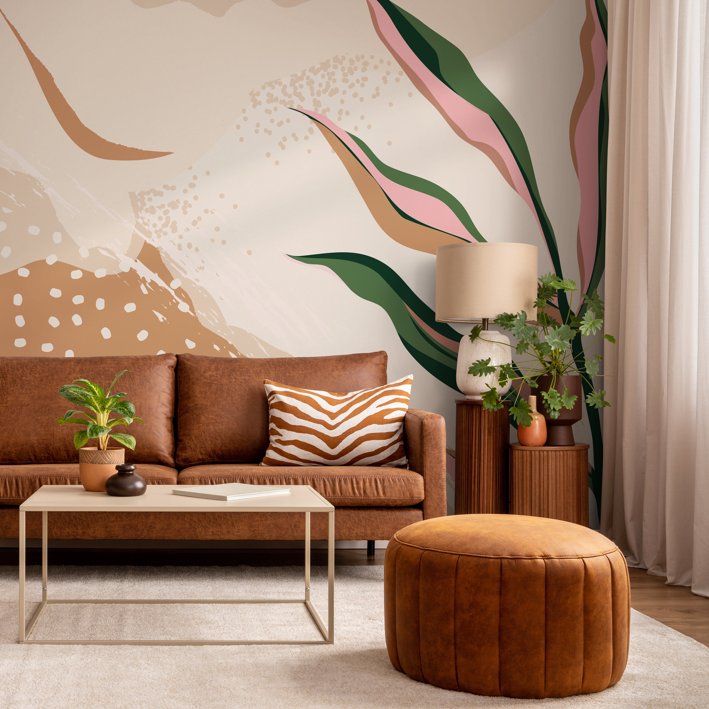 Abstract Wallpaper With Botanical Shapes In Terracotta, Green, And Pink - C055