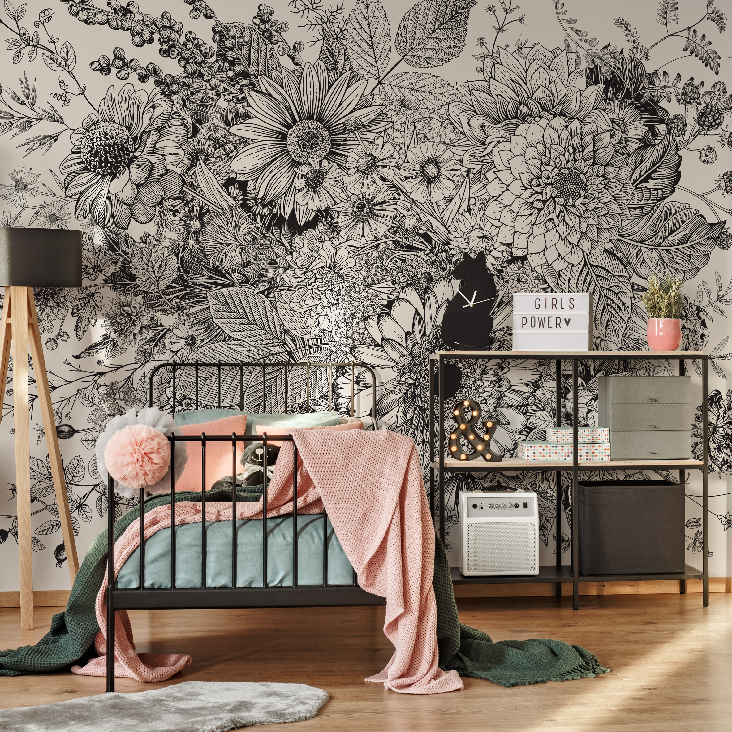 Floral Wallpaper With A Detailed Botanical Sketch In Black And White - C056