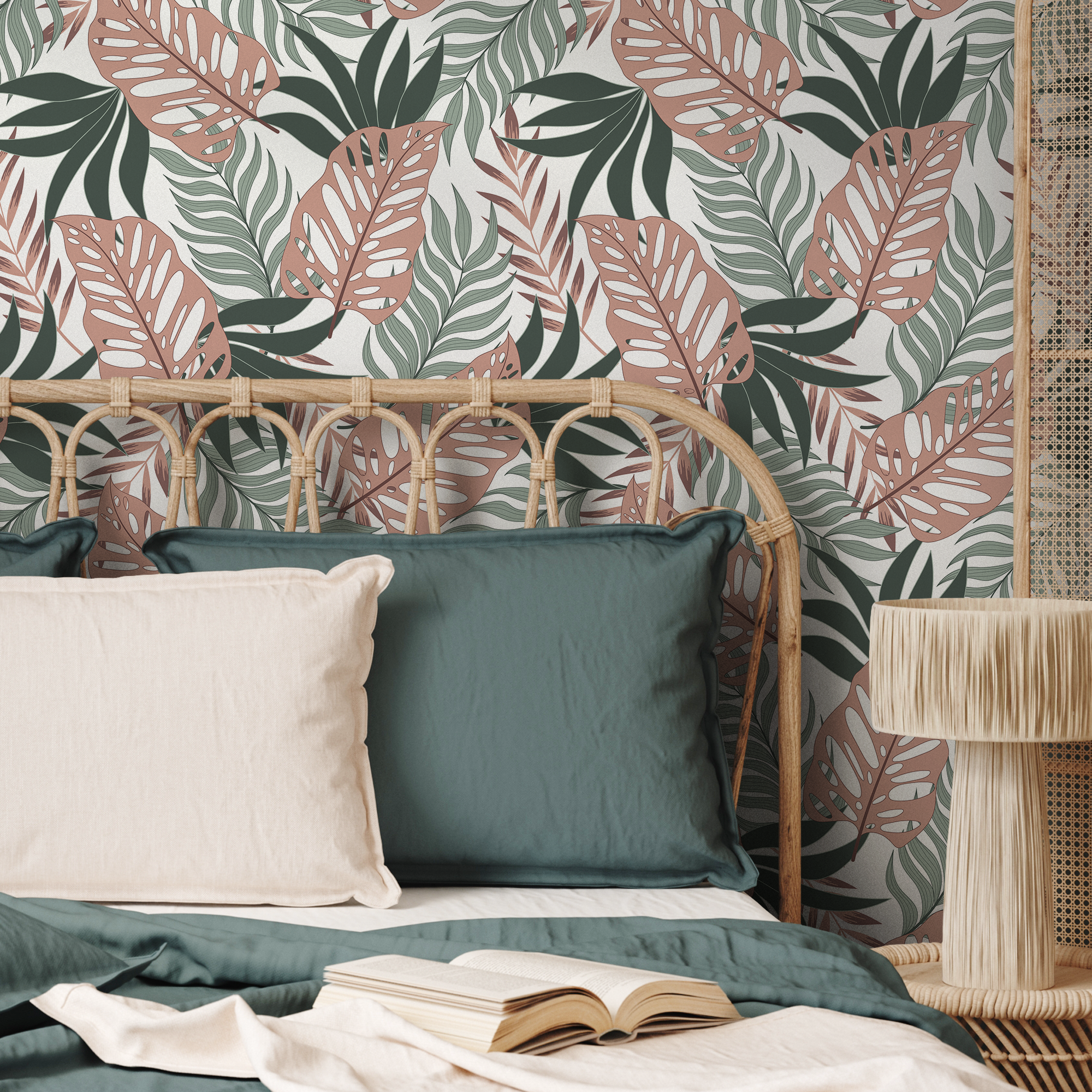 Tropical Wallpaper With Overlapping Monstera Leaves In Pink, Sage, And Dark Green - C057