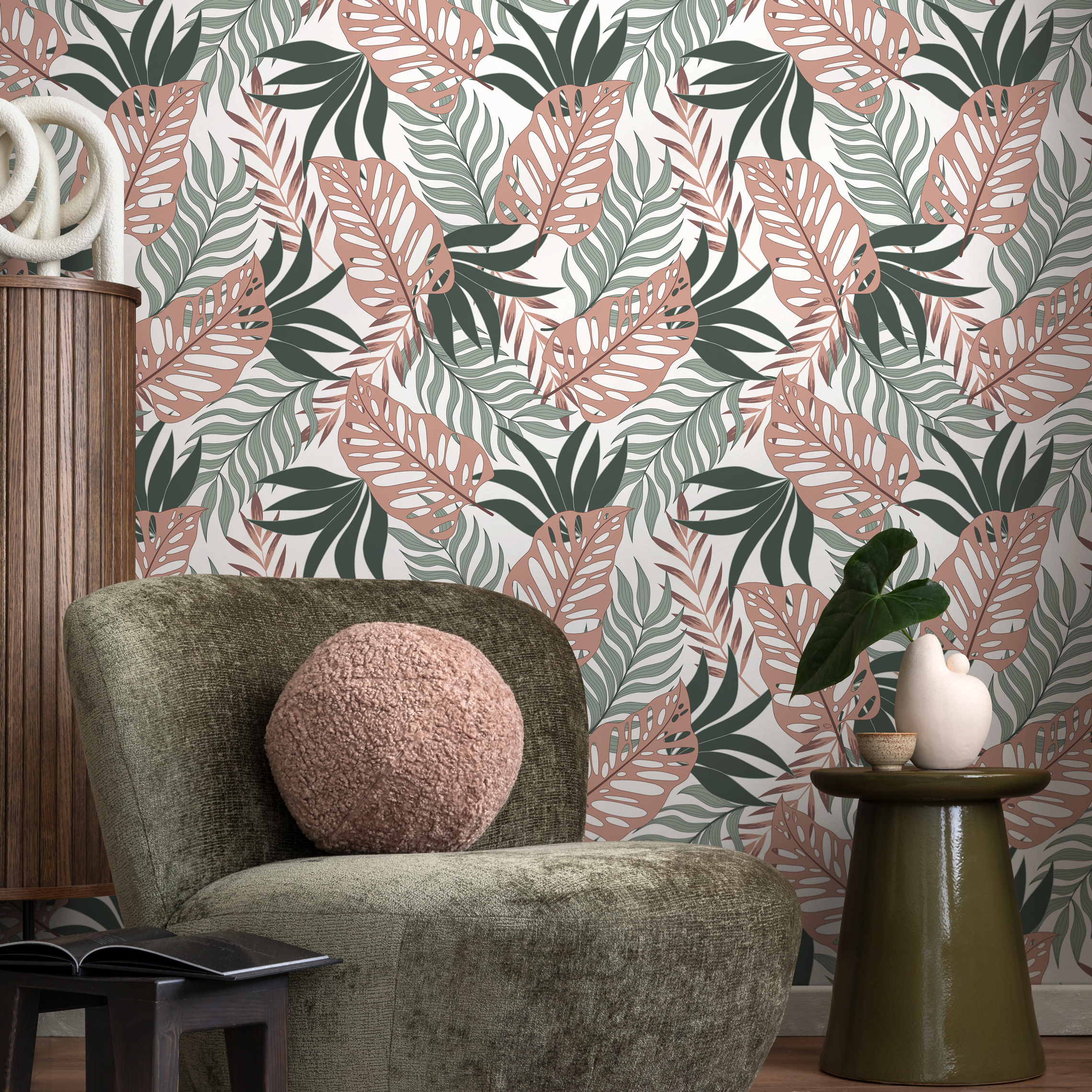 Tropical Wallpaper With Overlapping Monstera Leaves In Pink, Sage, And Dark Green - C057