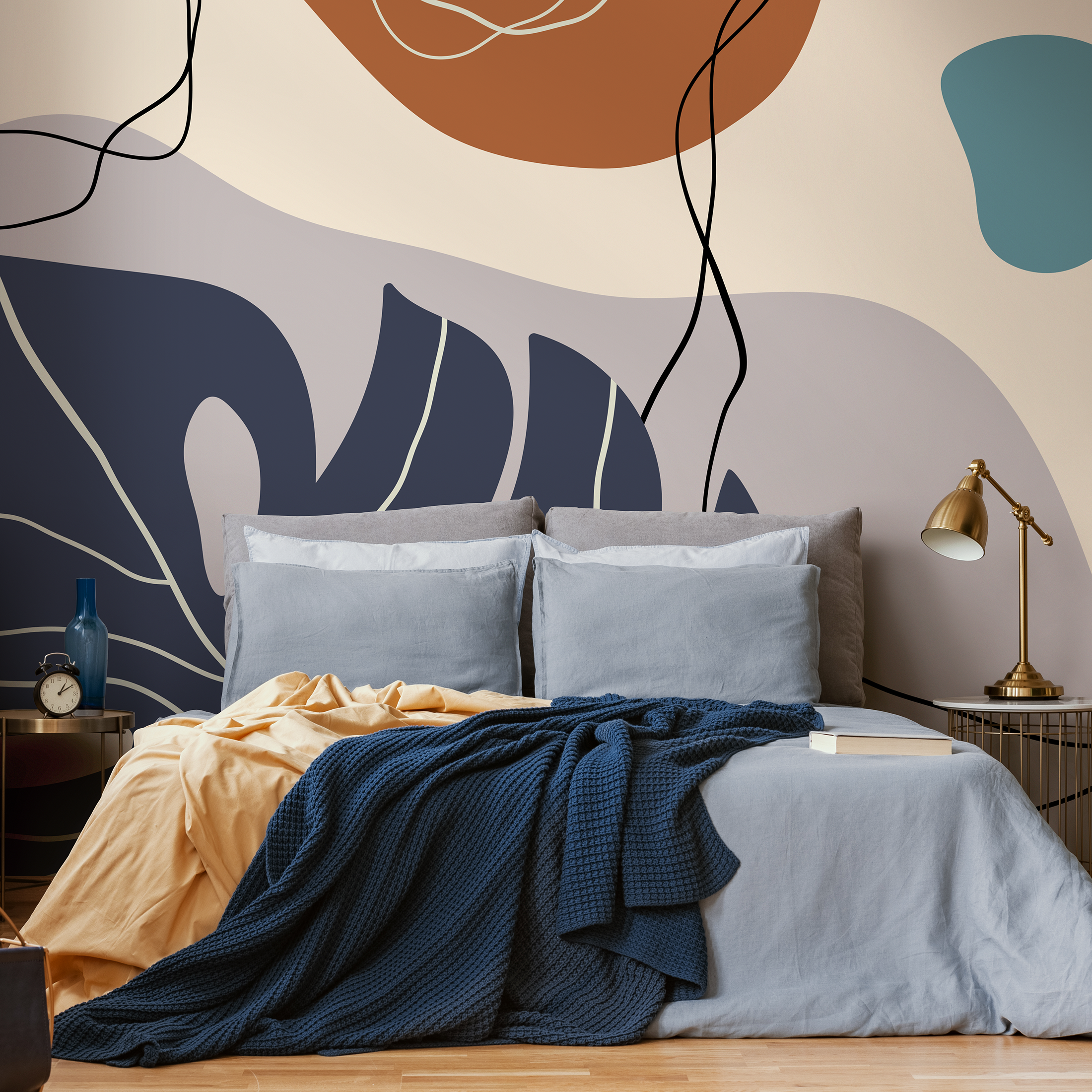 Abstract Wallpaper With A Botanical Motif In Navy, Brown, And Taupe - C058