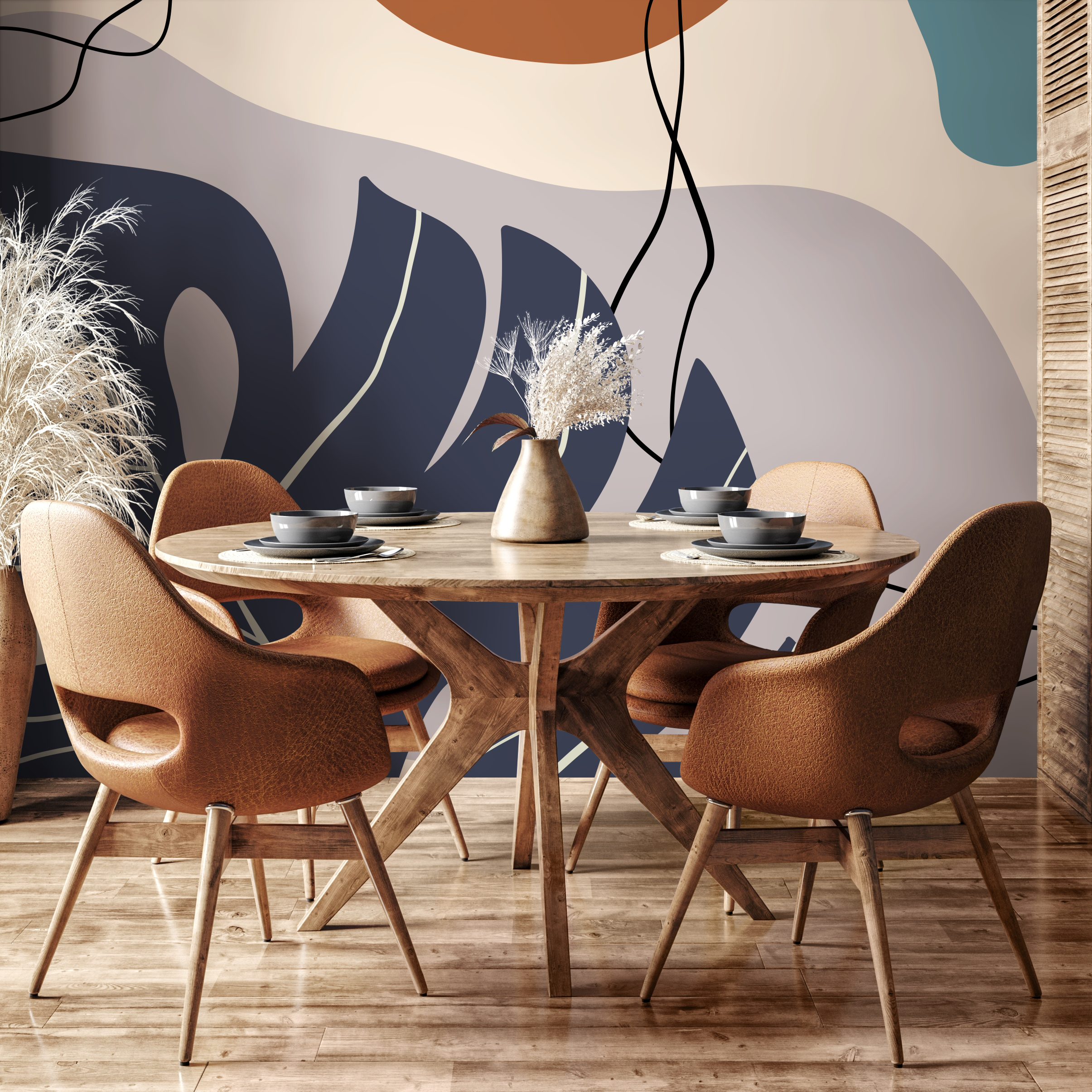 Abstract Wallpaper With A Botanical Motif In Navy, Brown, And Taupe - C058