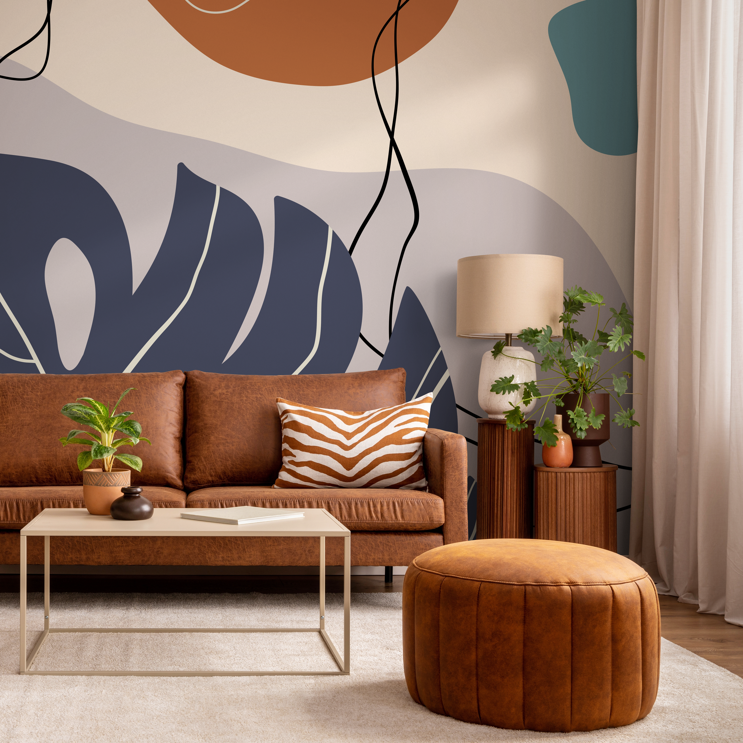 Abstract Wallpaper With A Botanical Motif In Navy, Brown, And Taupe - C058