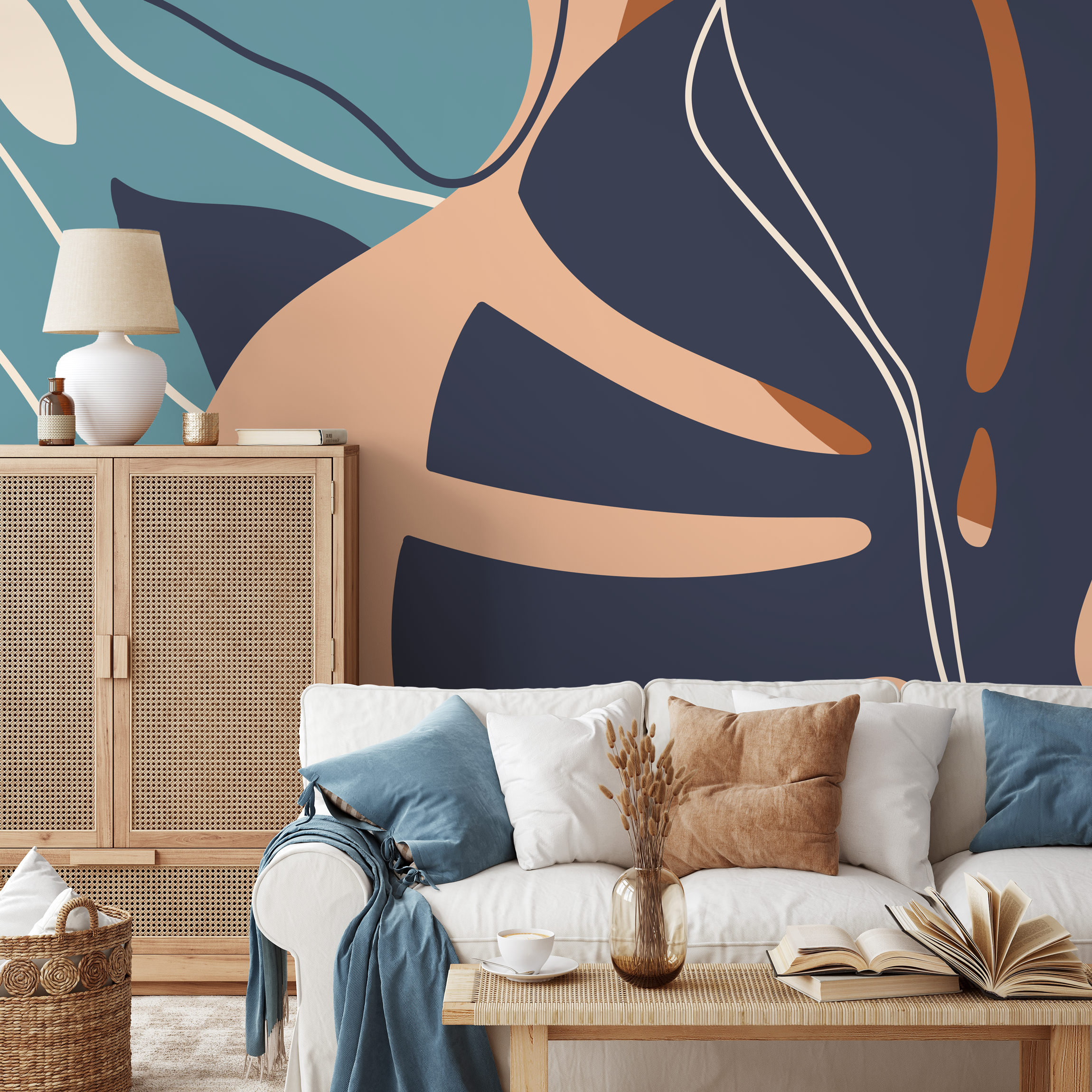Abstract Wallpaper Featuring A Stylized Leaf In Navy Blue, Tan, And Teal - C059