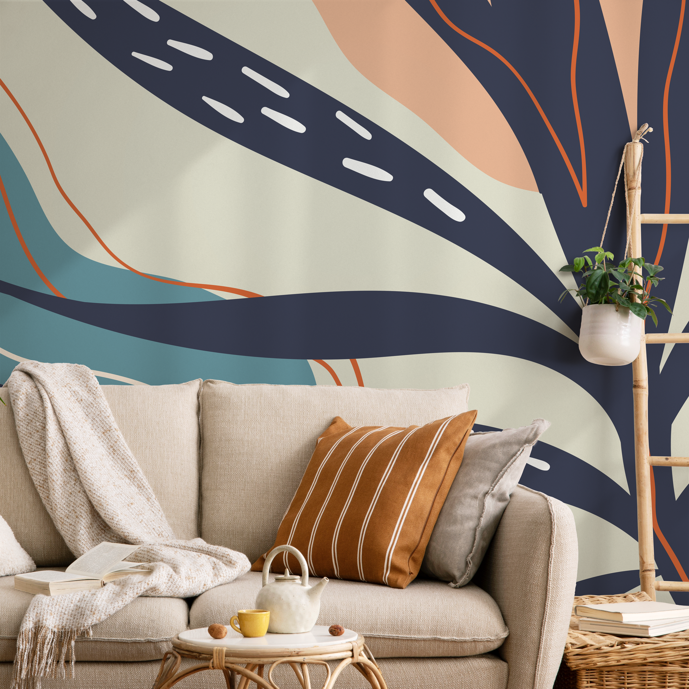 Abstract Wallpaper With Organic Leaf Shapes In Navy Blue, Teal, And Terracotta - C060