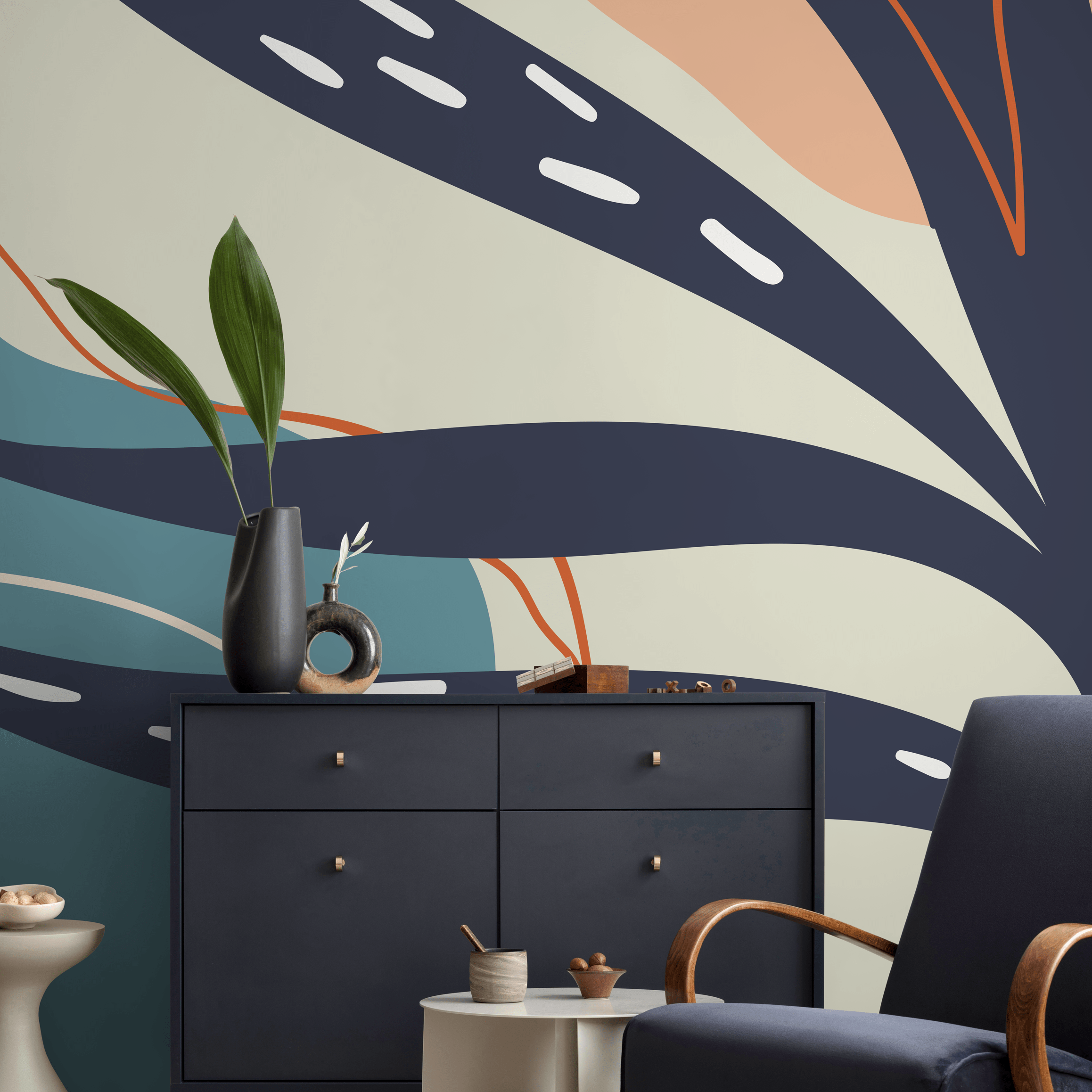 Abstract Wallpaper With Organic Leaf Shapes In Navy Blue, Teal, And Terracotta - C060