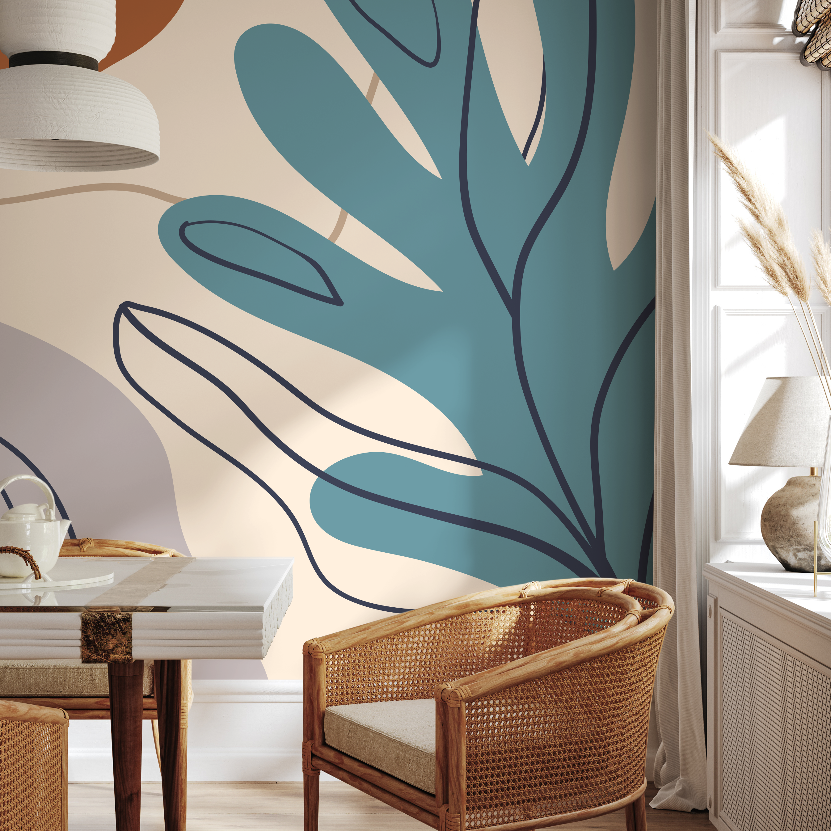 Abstract Wallpaper With Stylized Botanical Shapes In Teal And Terracotta - C061