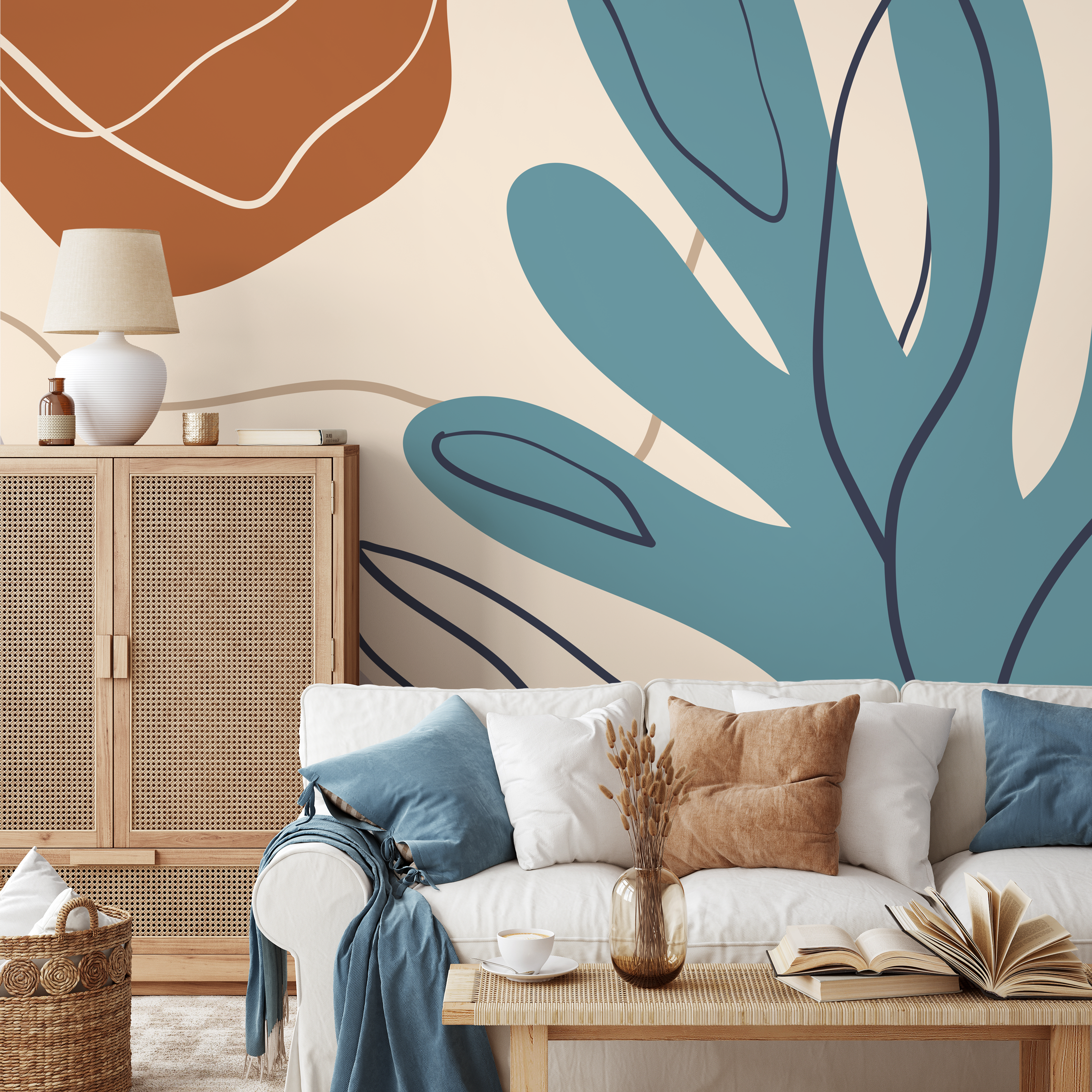 Abstract Wallpaper With Stylized Botanical Shapes In Teal And Terracotta - C061