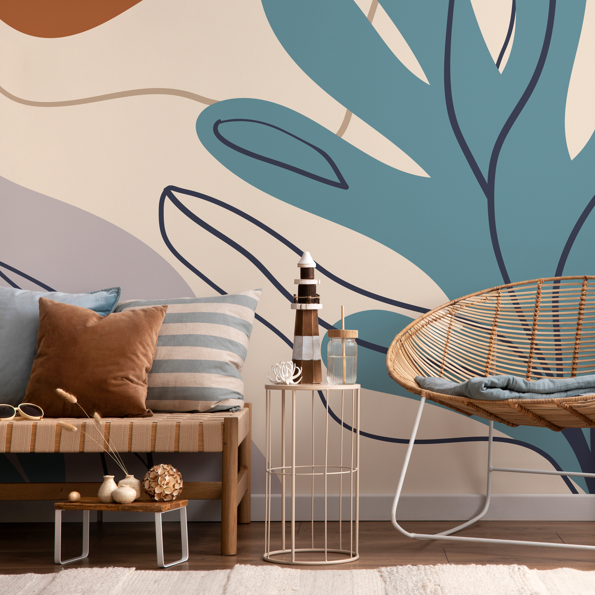 Abstract Wallpaper With Stylized Botanical Shapes In Teal And Terracotta - C061