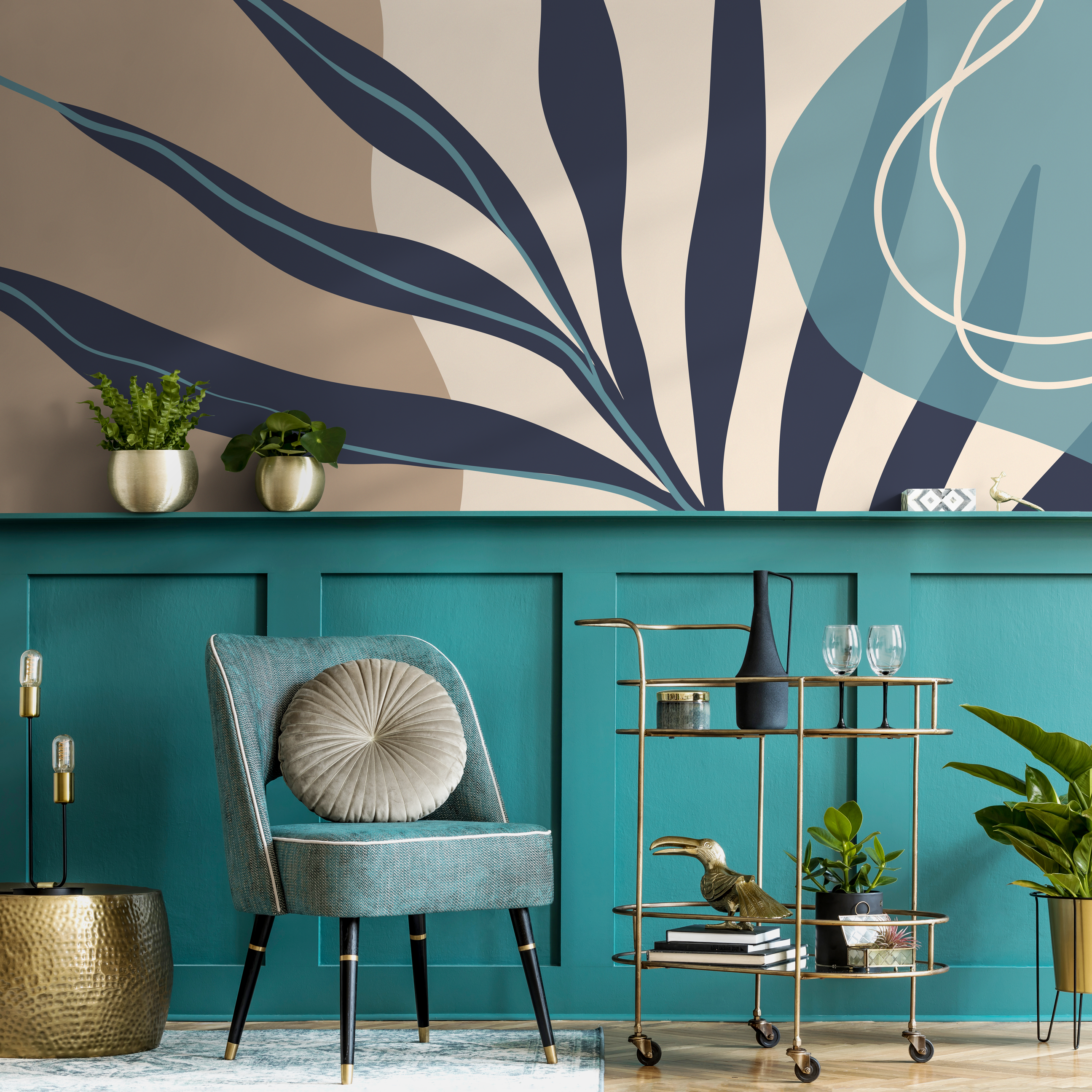 Abstract Wallpaper With Modern Botanical Forms In Navy Blue, Teal, And Beige - C062
