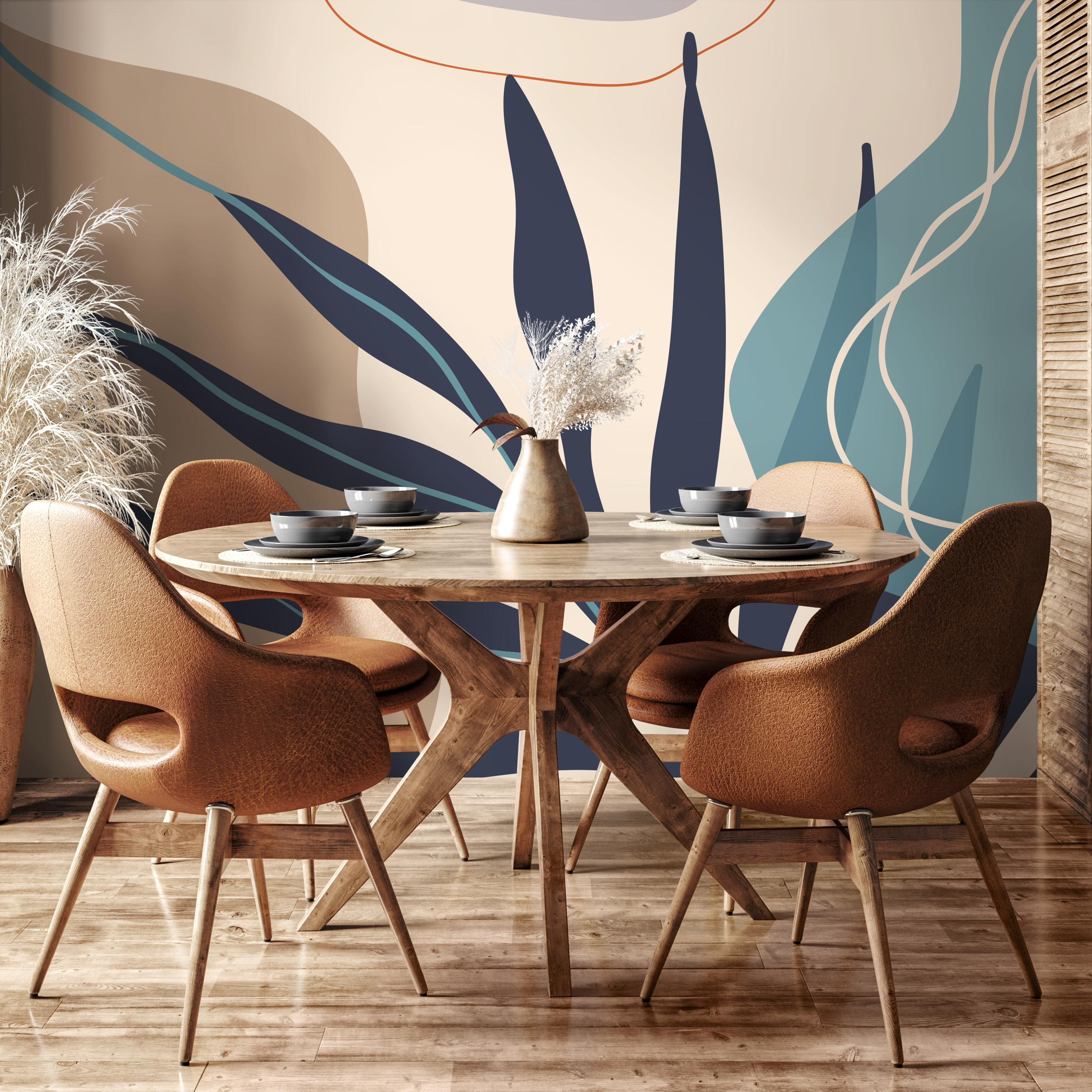 Abstract Wallpaper With Modern Botanical Forms In Navy Blue, Teal, And Beige - C062