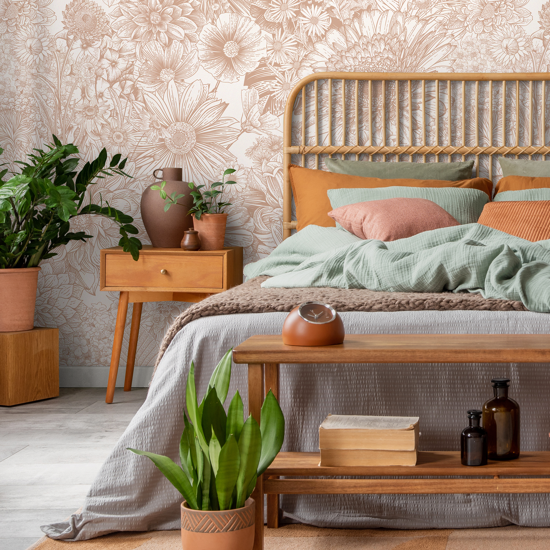 Floral Wallpaper With A Detailed Line Art Motif In Dusty Rose - C064