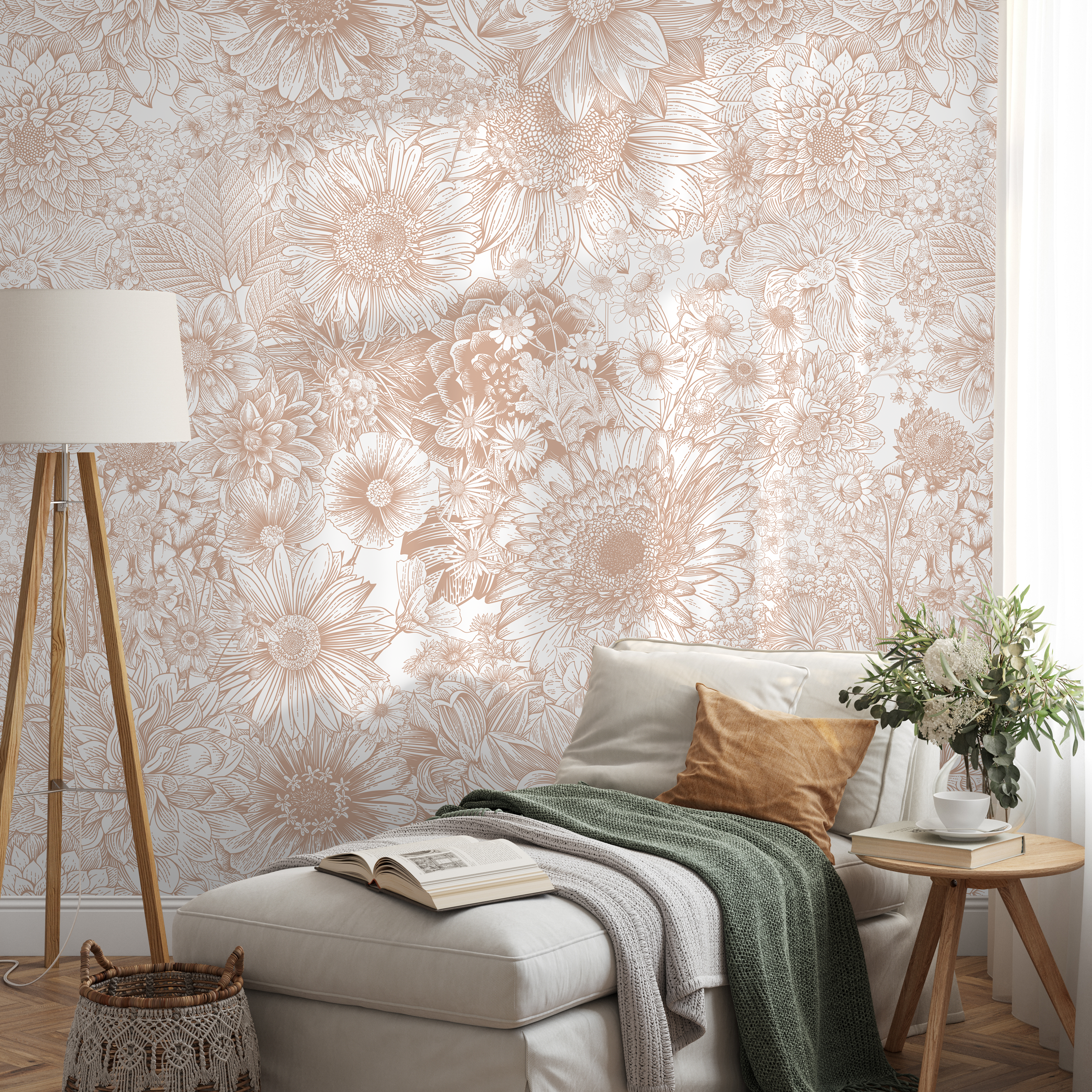 Floral Wallpaper With A Detailed Line Art Motif In Dusty Rose - C064
