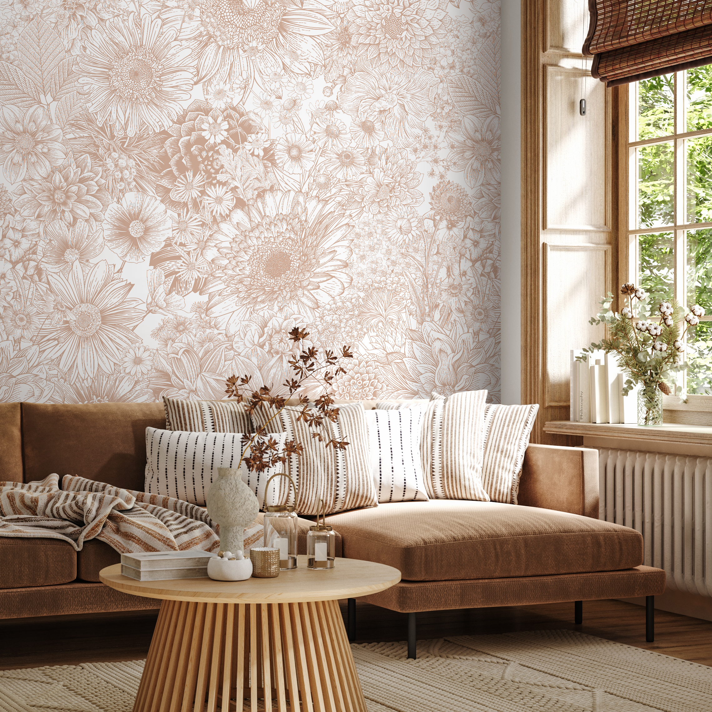 Floral Wallpaper With A Detailed Line Art Motif In Dusty Rose - C064