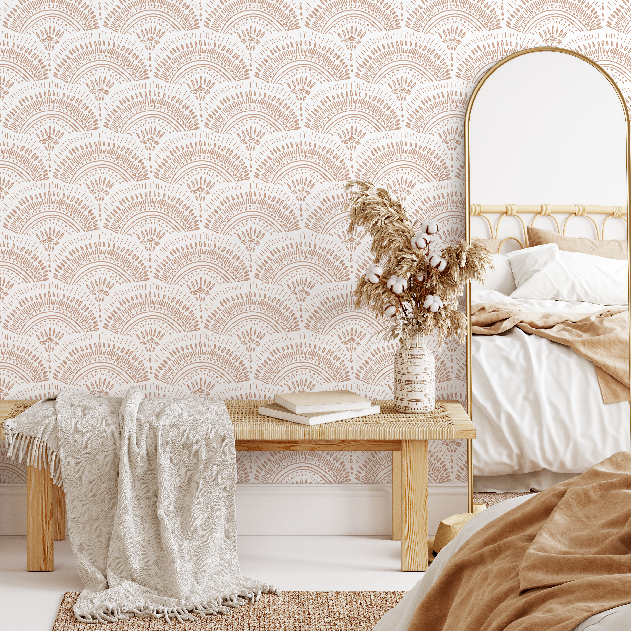 Boho Wallpaper With An Intricate Scalloped Fan Motif In Tan - C066