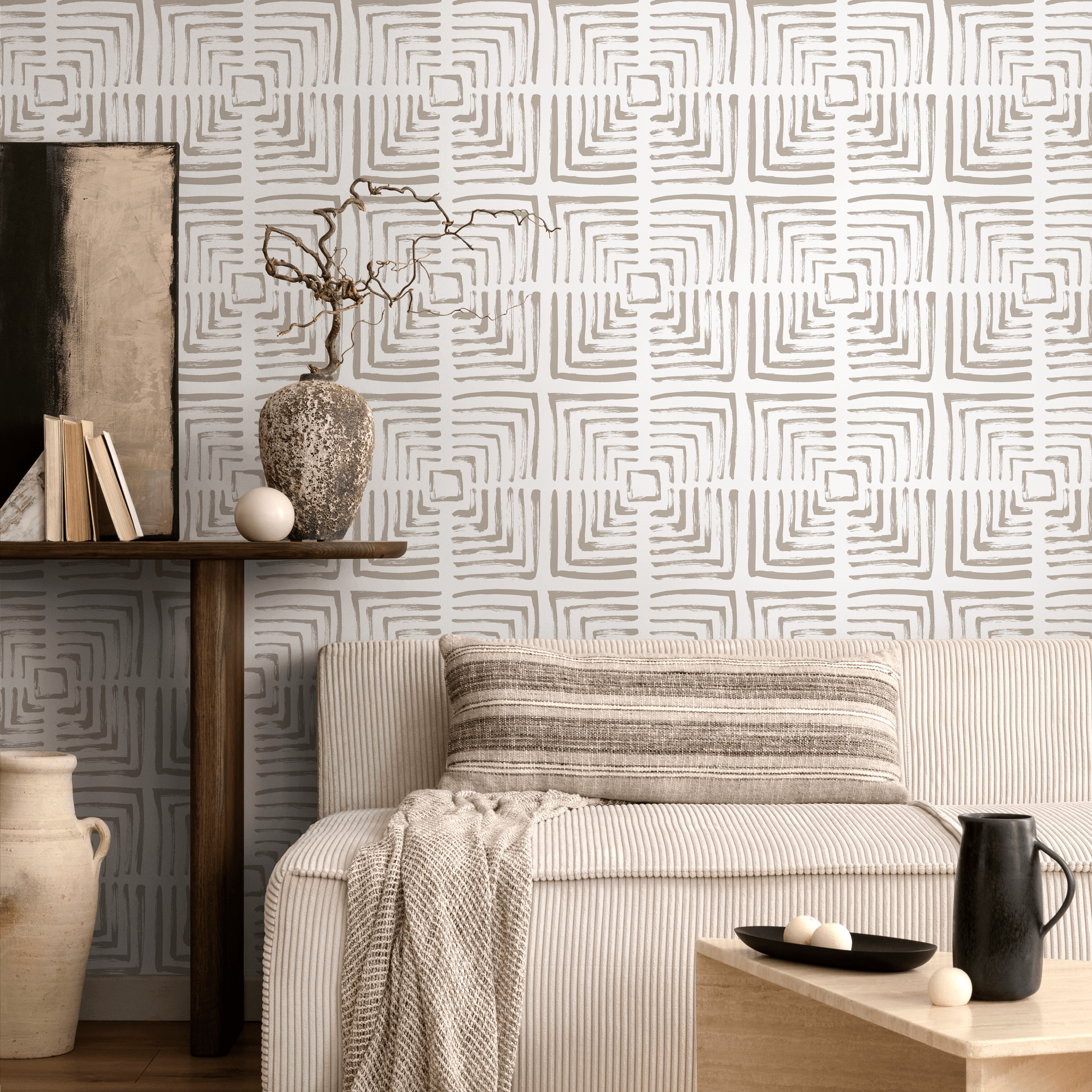 Geometric Wallpaper With A Brushed Square Labyrinth In Taupe - C068