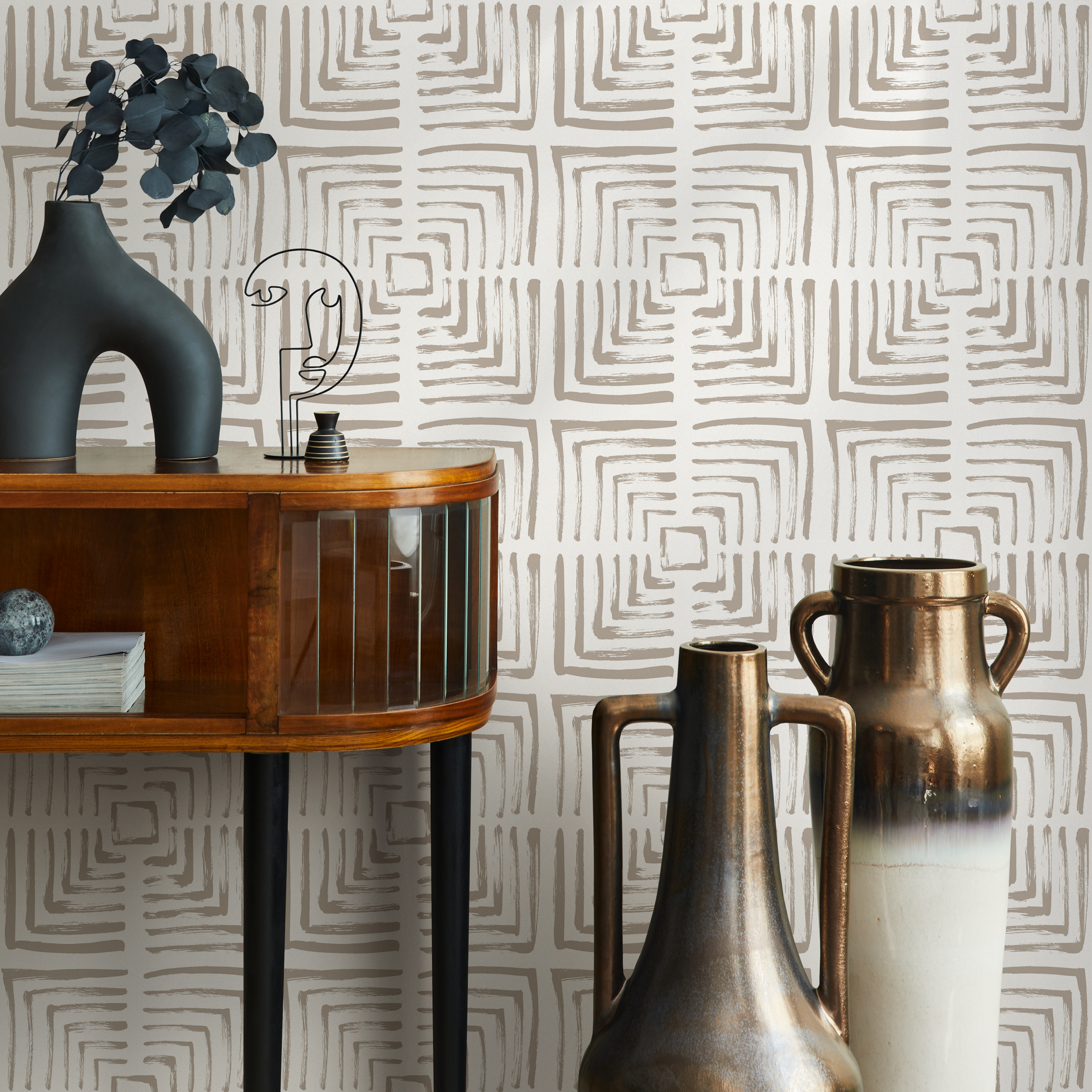 Geometric Wallpaper With A Brushed Square Labyrinth In Taupe - C068