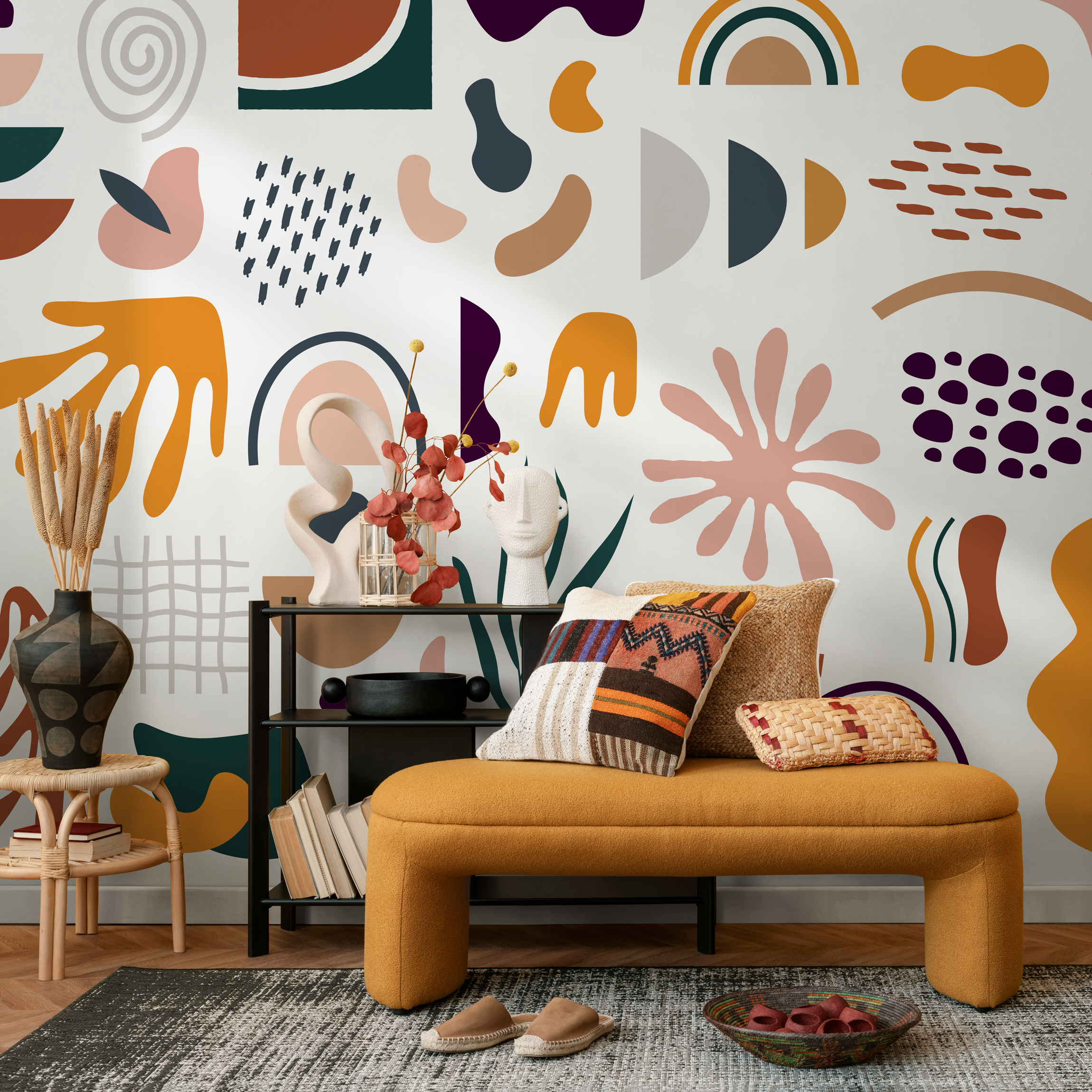 Abstract Wallpaper With Geometric And Organic Shapes In Mustard, Terracotta, And Teal - C069