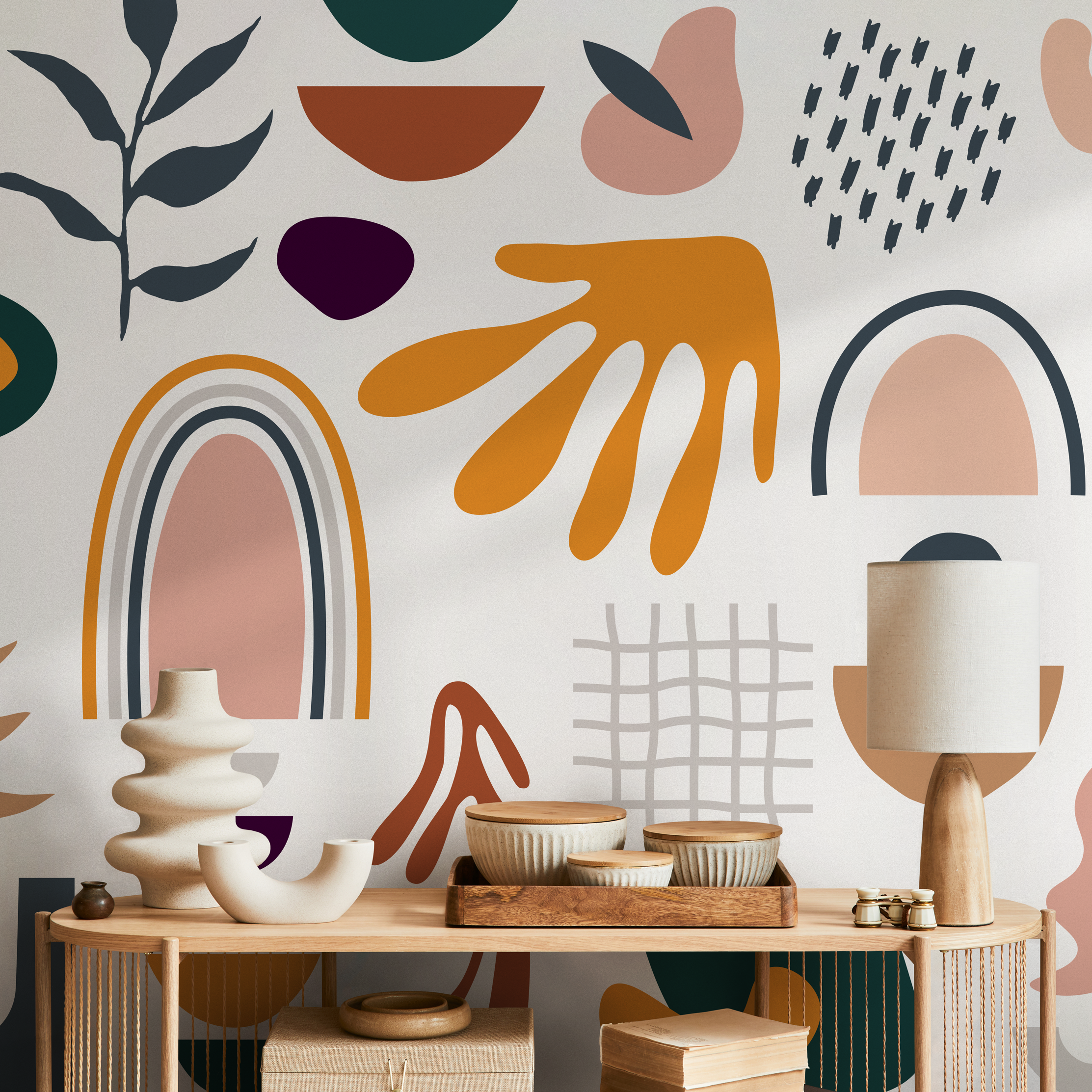 Abstract Wallpaper With Geometric And Organic Shapes In Mustard, Terracotta, And Teal - C069