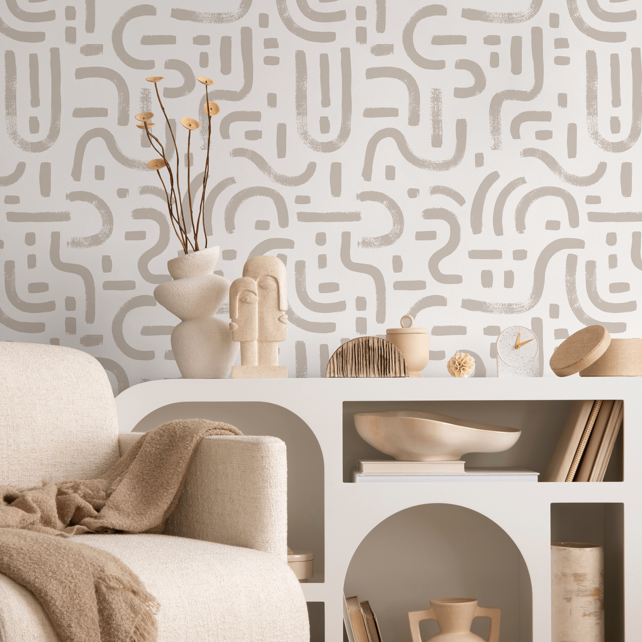 Scandinavian Wallpaper With Hand-drawn Lines In Beige - C070