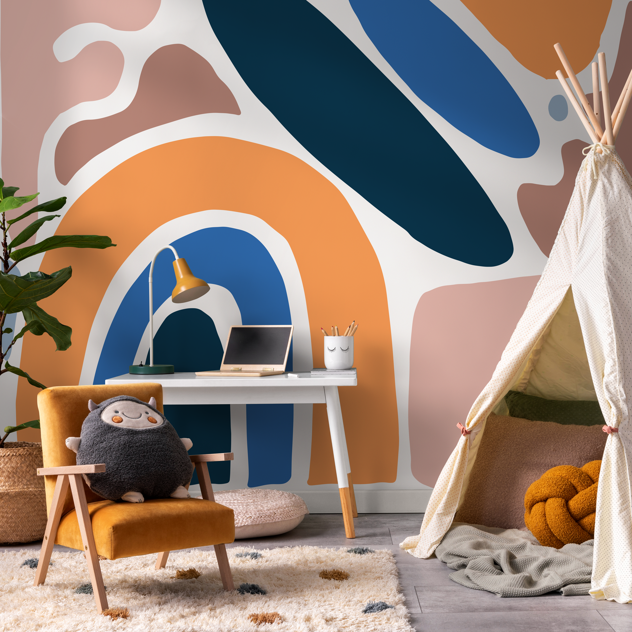 Abstract Wallpaper With An Organic Rainbow In Orange, Blue, And Pink - C071