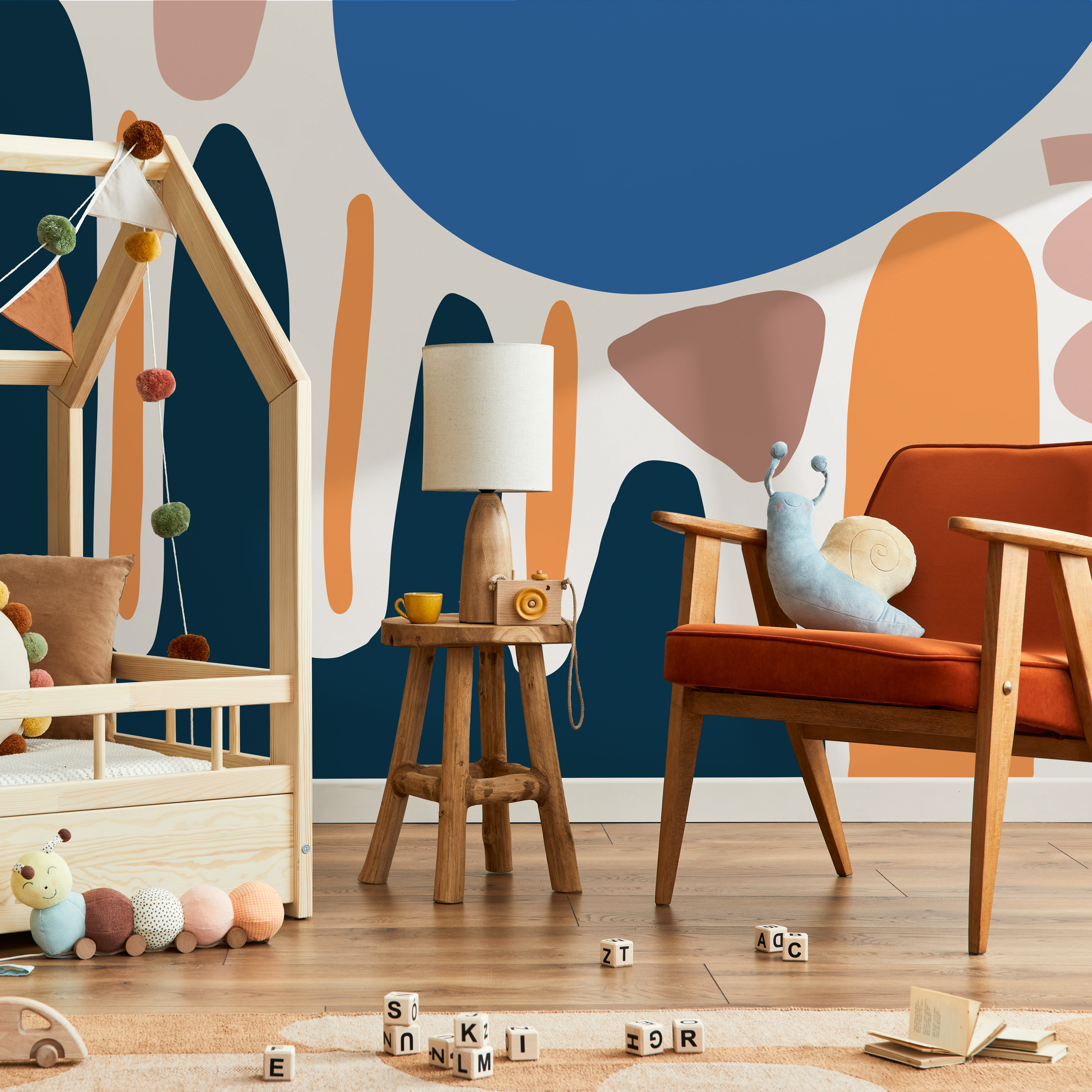 Abstract Wallpaper With Large Organic Shapes In Blue, Orange, And Pink - C072