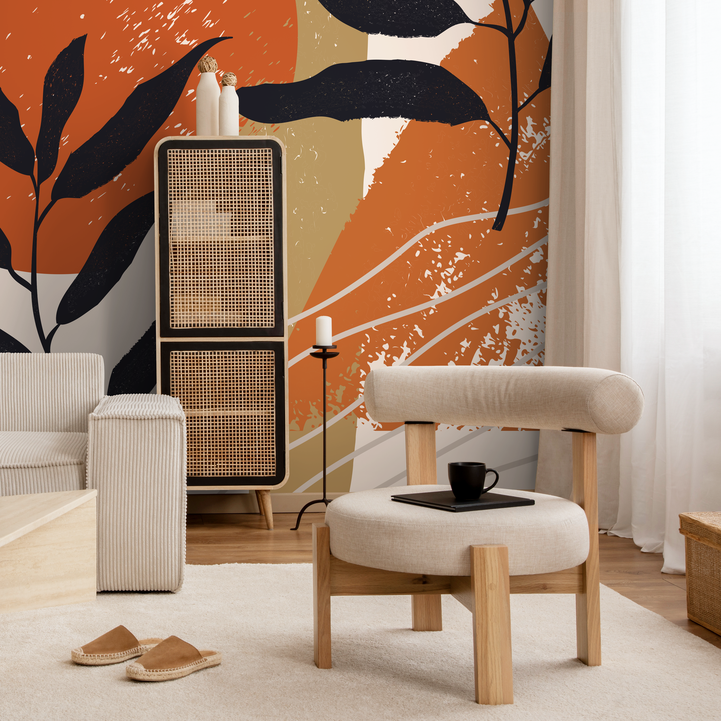 Abstract Wallpaper With Botanical Silhouettes In Terracotta, Black, And Tan - C073