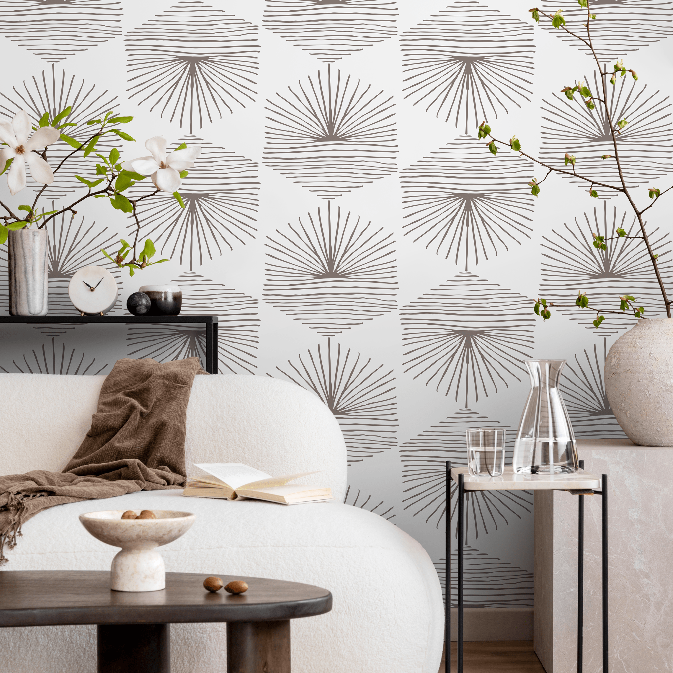 Geometric Wallpaper With Hand-drawn Fan Motifs In Taupe - C074