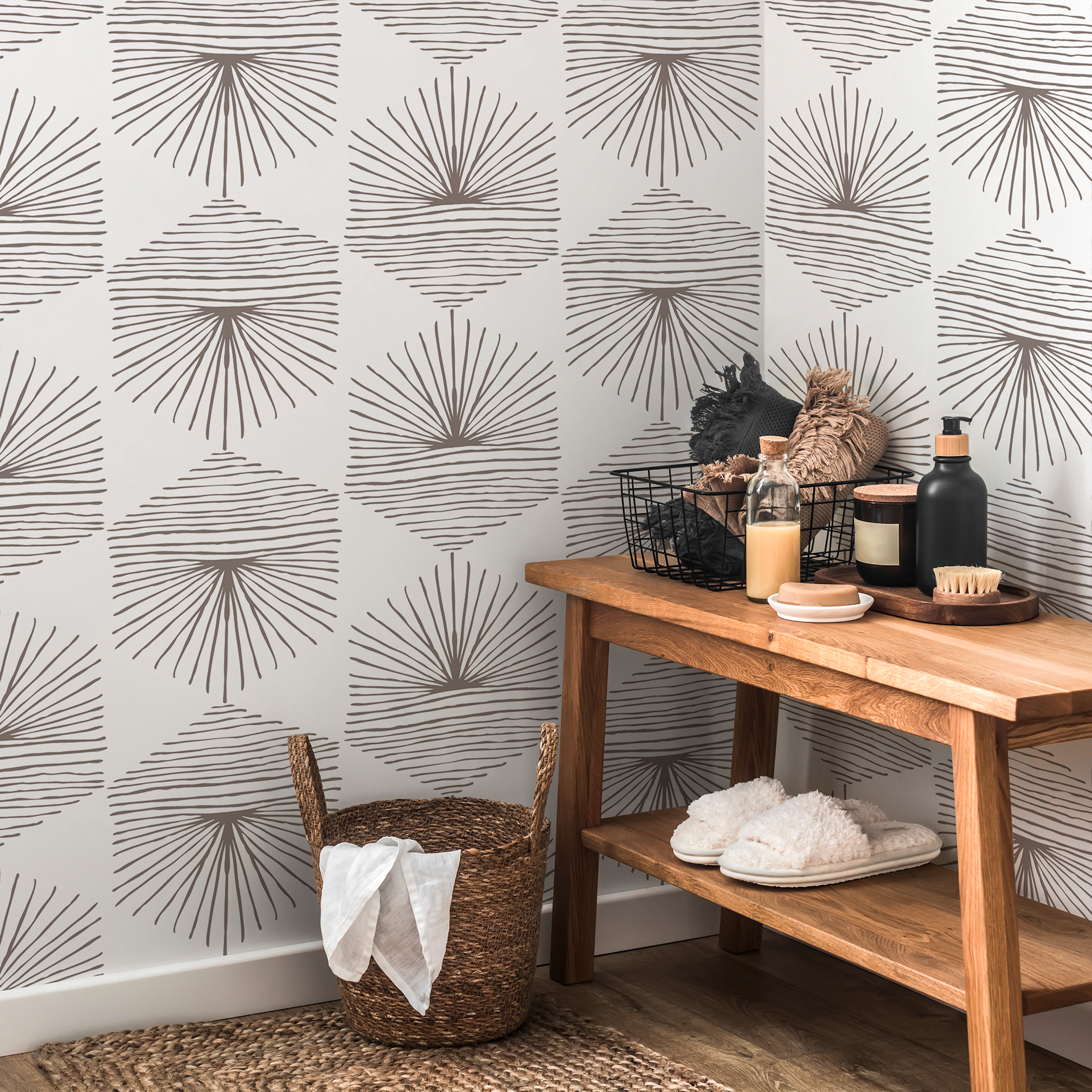 Geometric Wallpaper With Hand-drawn Fan Motifs In Taupe - C074