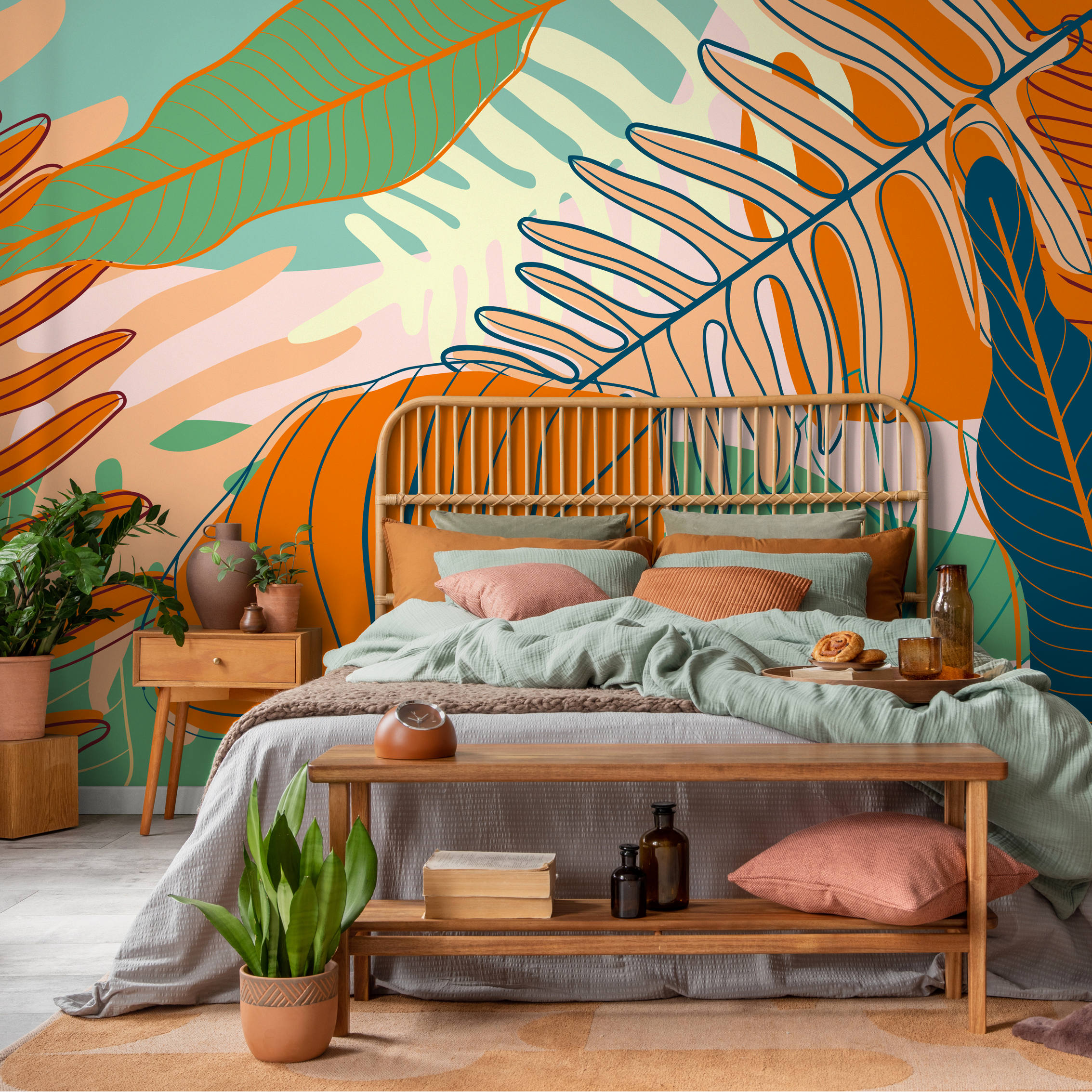 Tropical Wallpaper With Stylized Leaves In Orange, Green, And Teal - C075