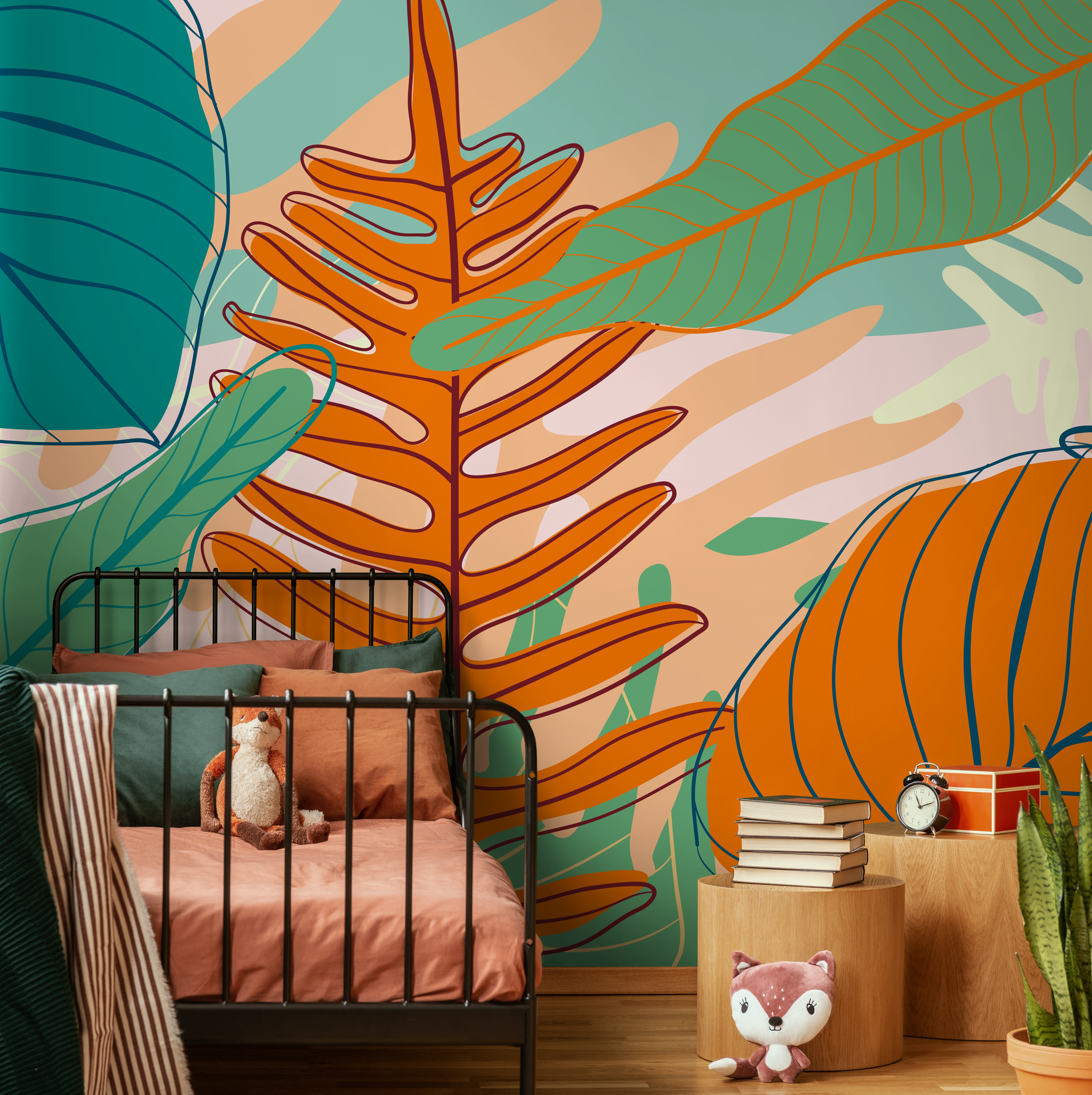 Tropical Wallpaper With Stylized Leaves In Orange, Green, And Teal - C075