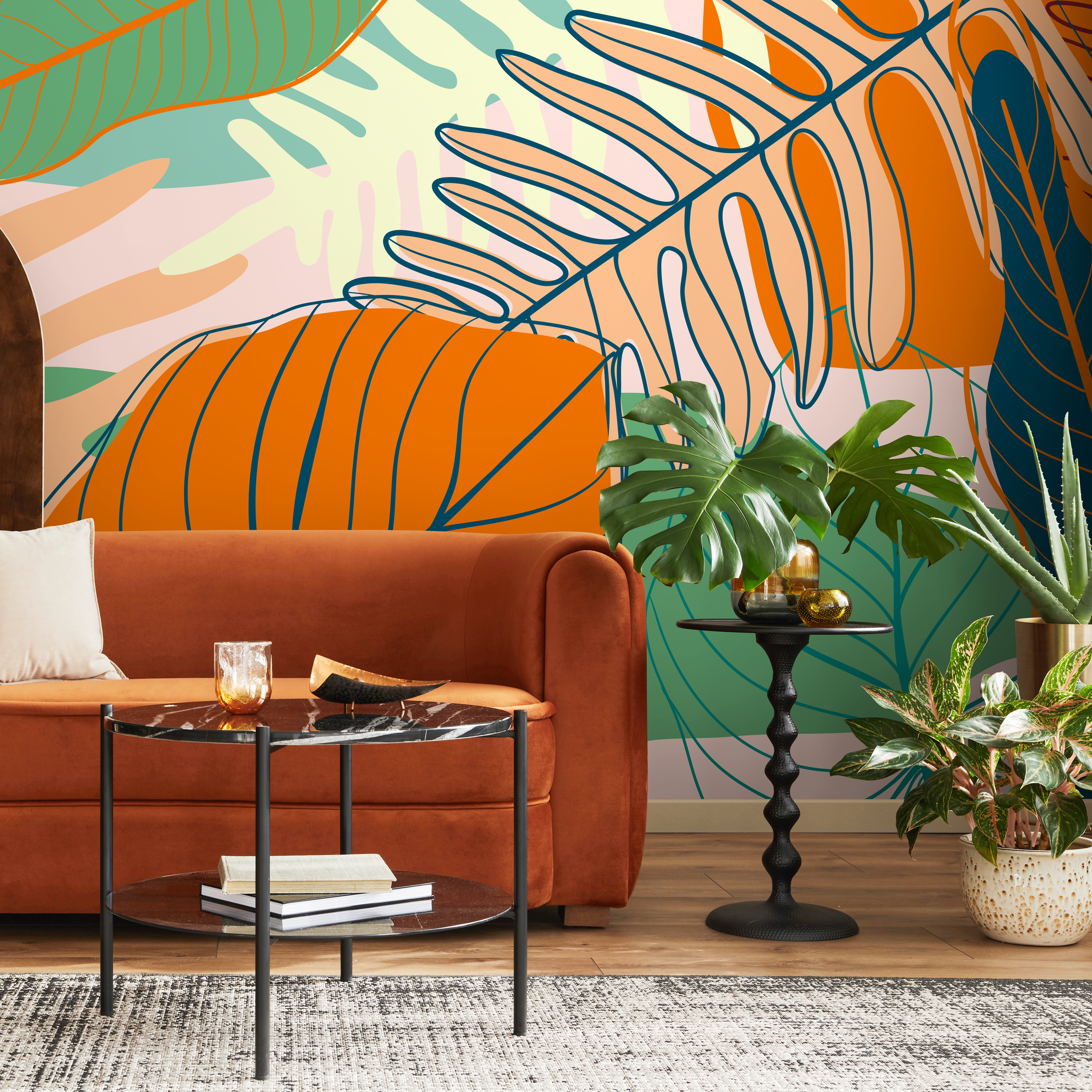 Tropical Wallpaper With Stylized Leaves In Orange, Green, And Teal - C075