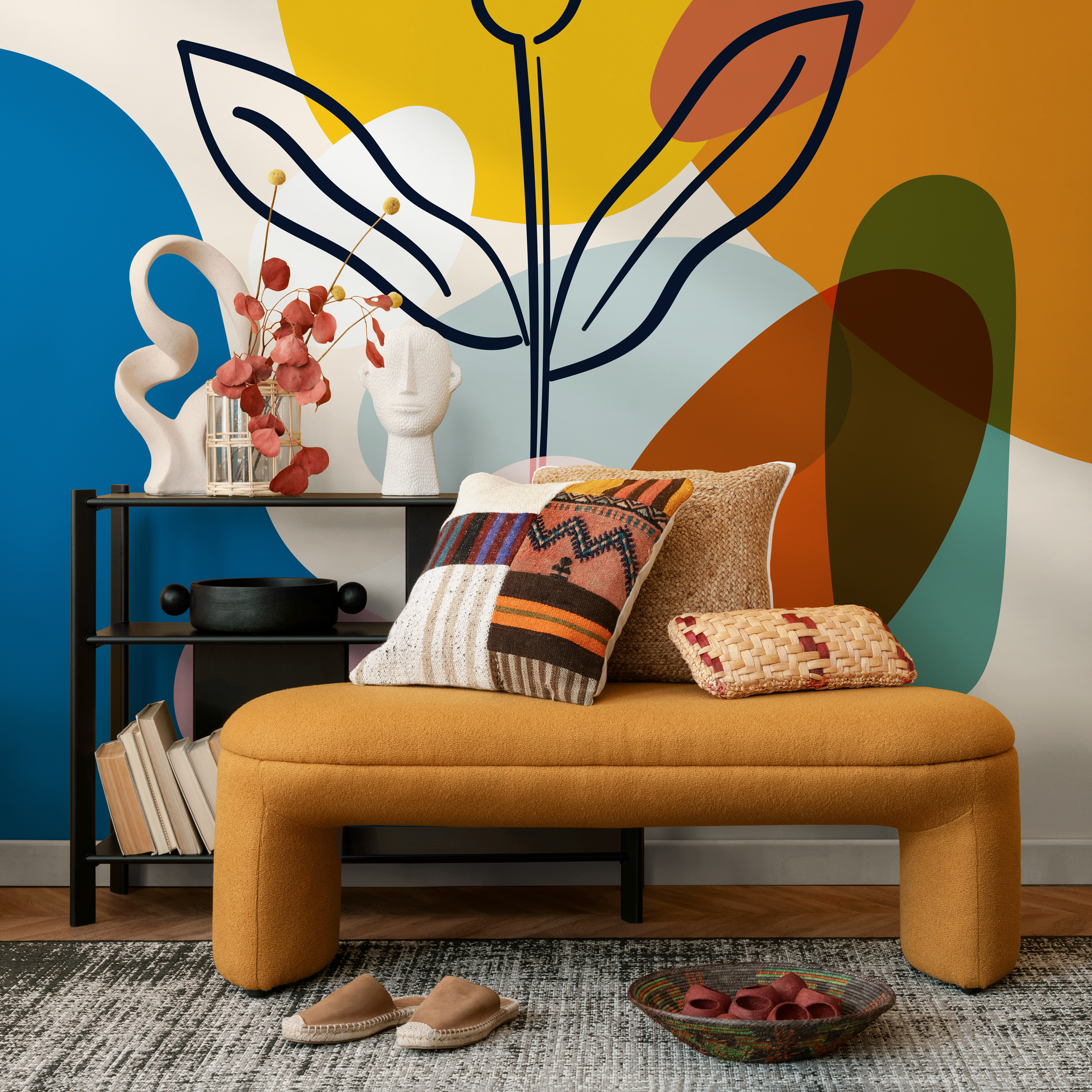 Abstract Wallpaper With A Bold Line Art Flower In Yellow, Orange, And Blue - C077