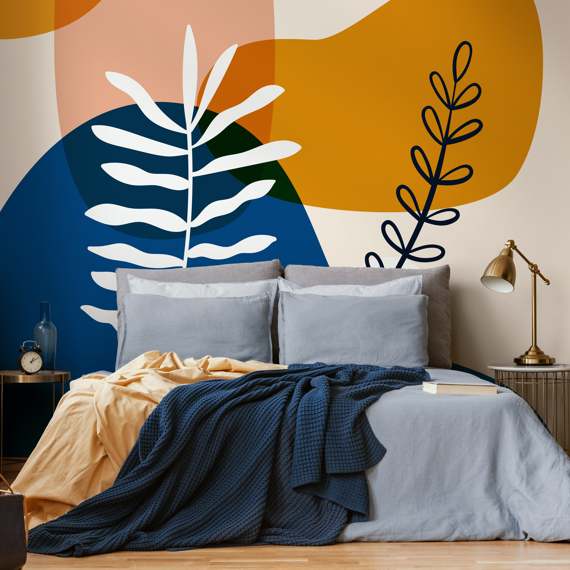 Abstract Wallpaper With Botanical Motifs In Navy Blue, Mustard, And Terracotta - C078