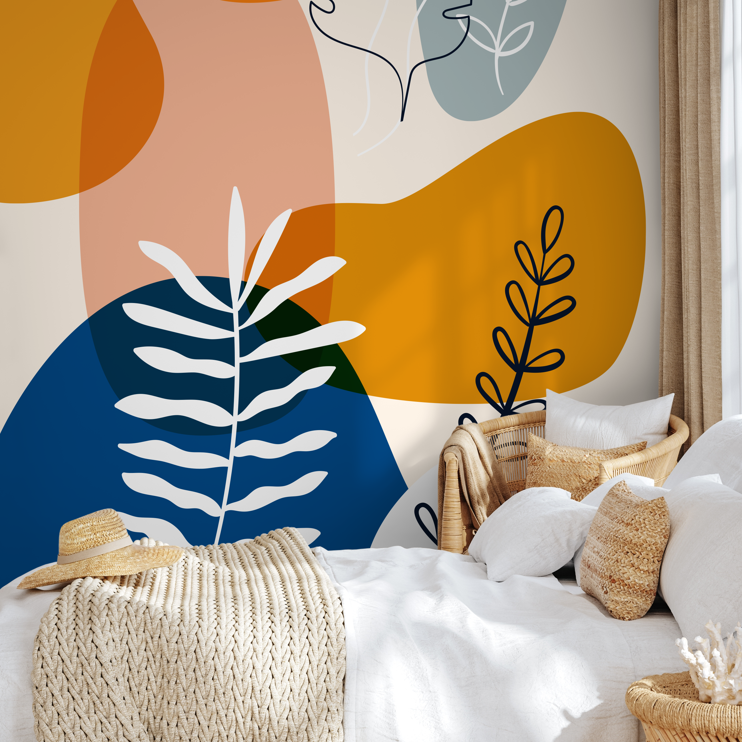 Abstract Wallpaper With Botanical Motifs In Navy Blue, Mustard, And Terracotta - C078