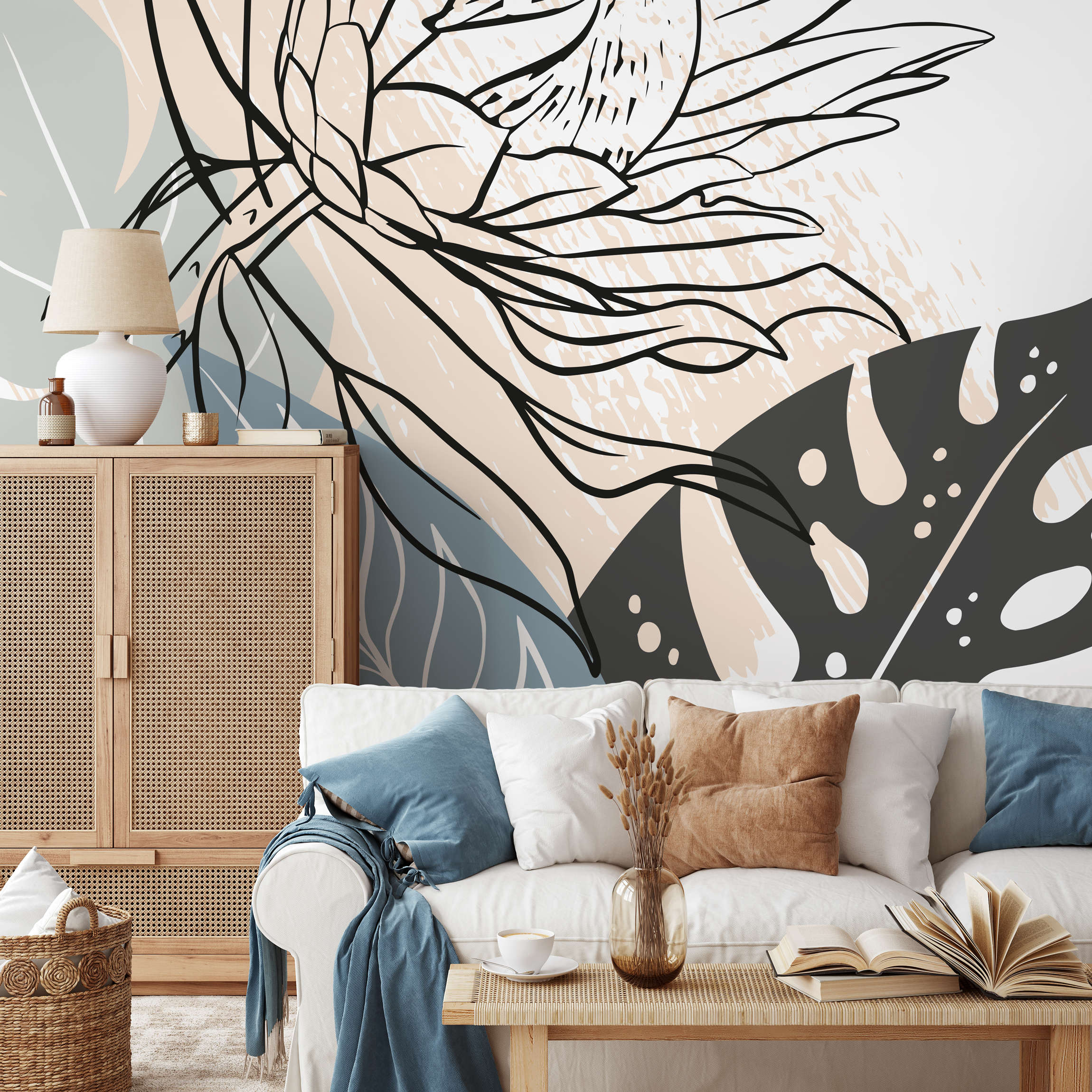 Abstract Wallpaper With Bold Floral Line Art In Black, Blue, And Beige - C079