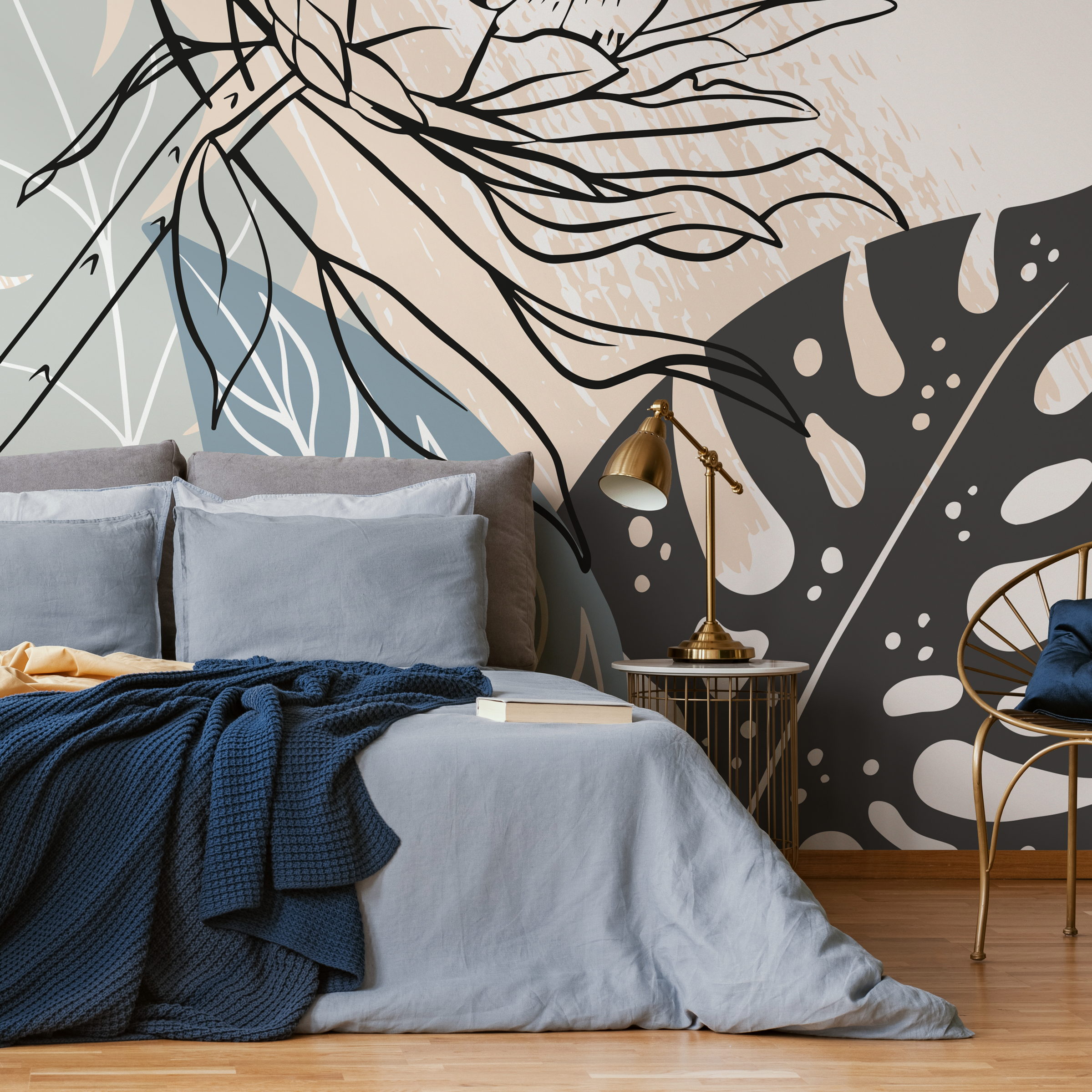 Abstract Wallpaper With Bold Floral Line Art In Black, Blue, And Beige - C079