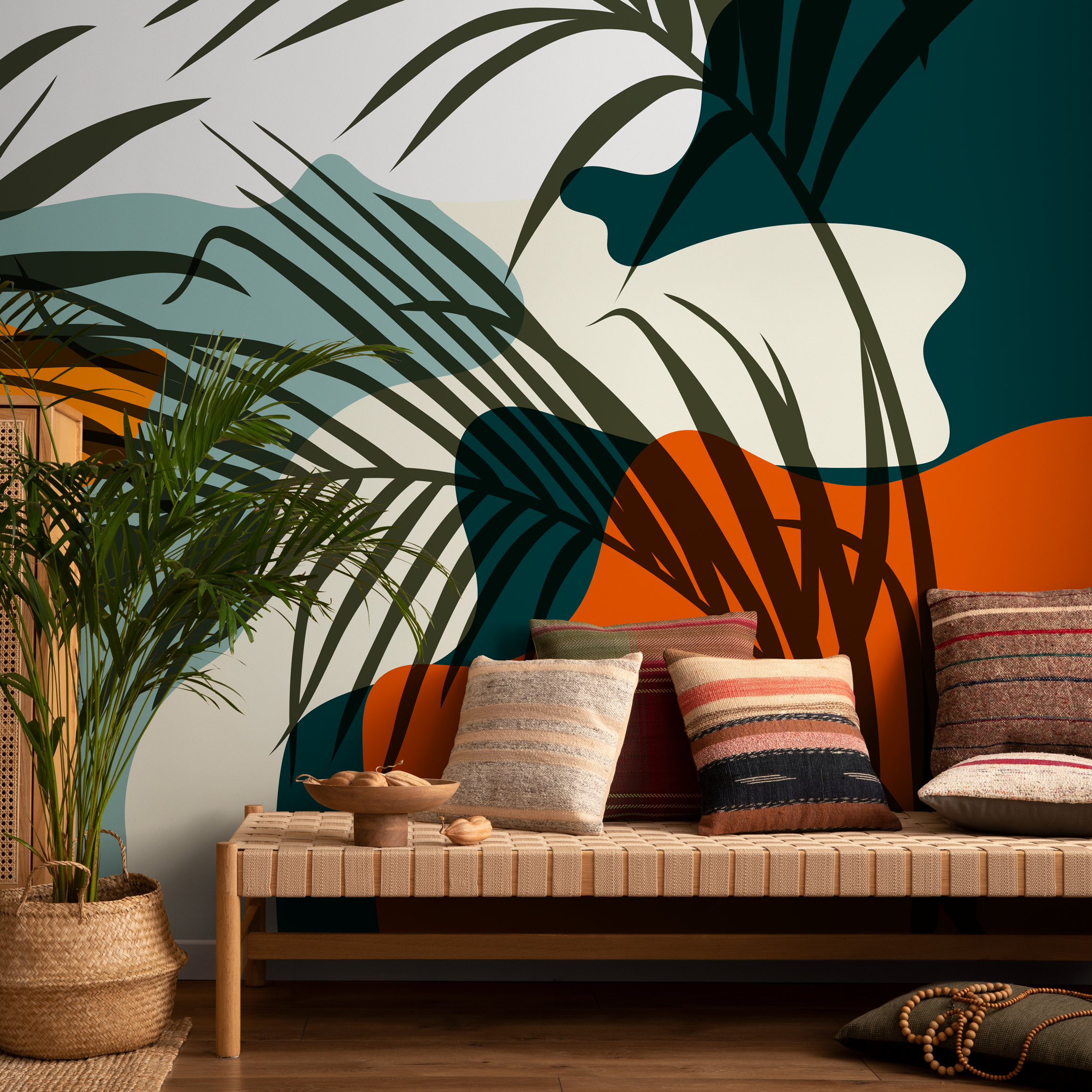 Tropical Wallpaper With Abstract Leaf Shapes In Teal, Orange, And Dark Green - C080