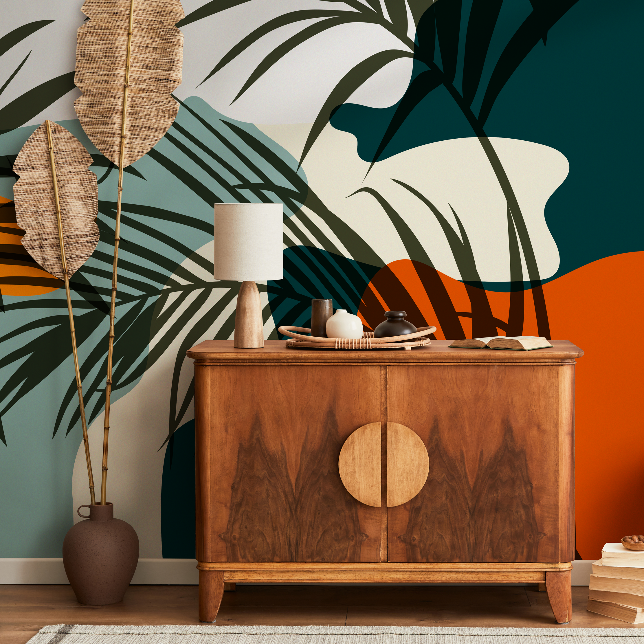 Tropical Wallpaper With Abstract Leaf Shapes In Teal, Orange, And Dark Green - C080