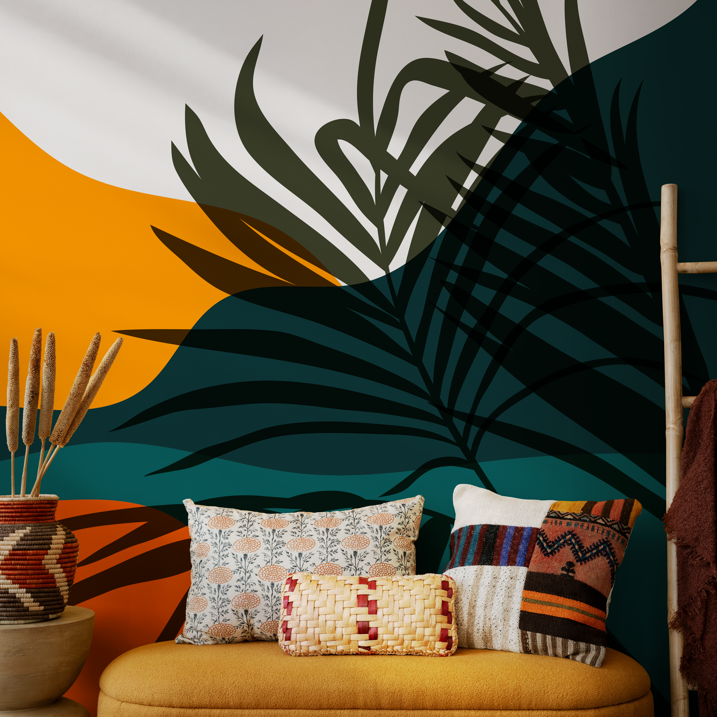 Botanical Wallpaper With Abstract Palm Leaves In Teal, Yellow, And Green - C081