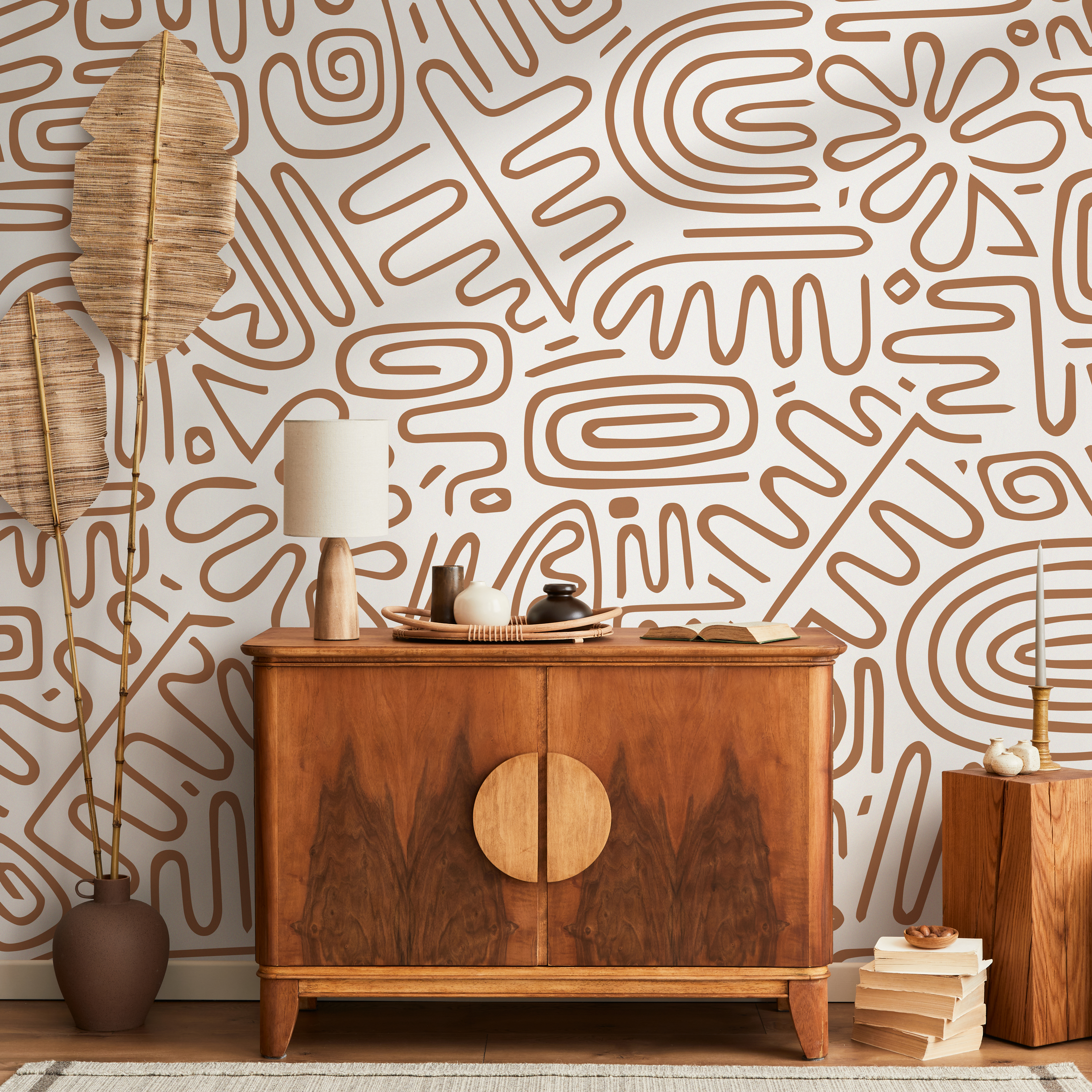 Abstract Wallpaper With Primitive Line Art In Brown - C082