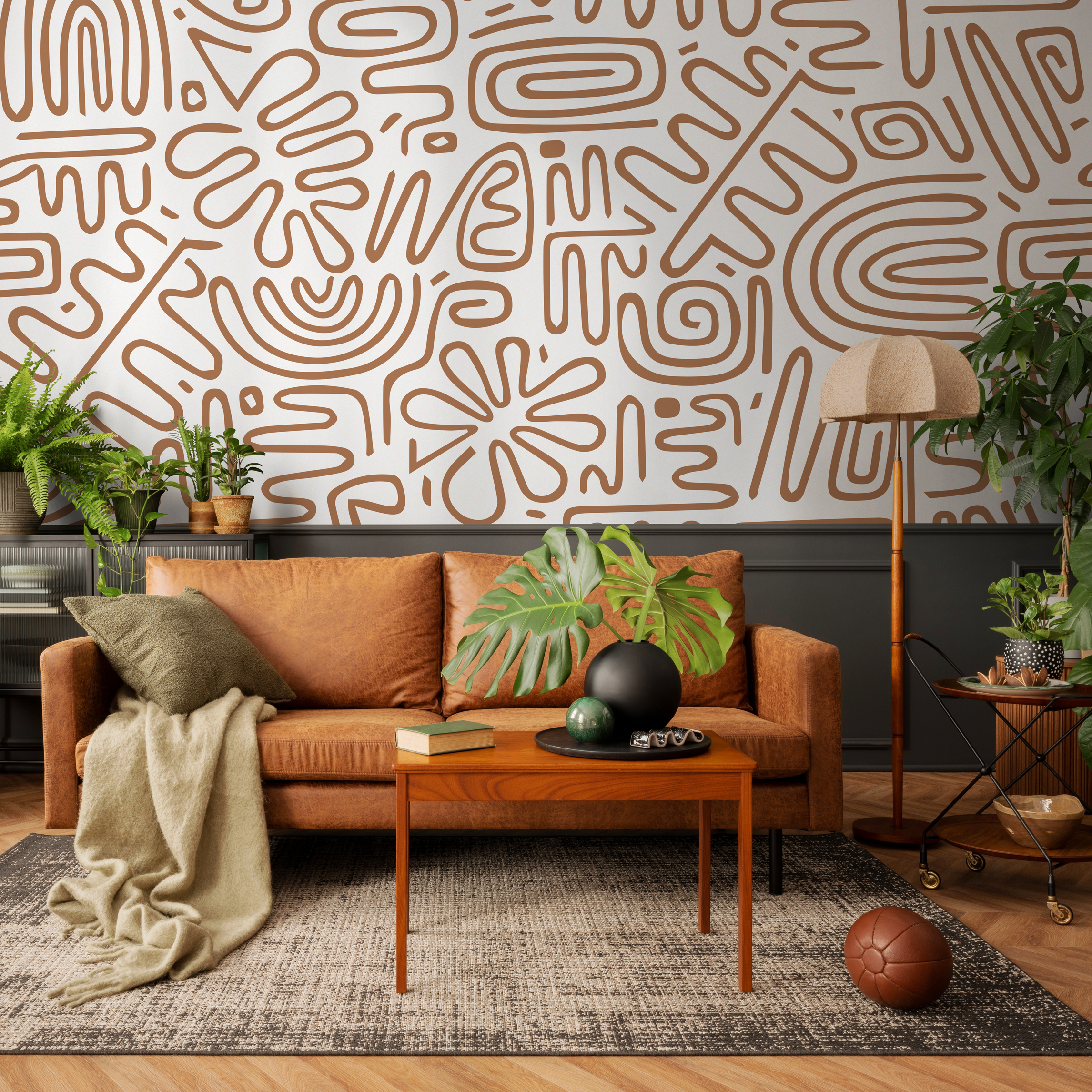 Abstract Wallpaper With Primitive Line Art In Brown - C082