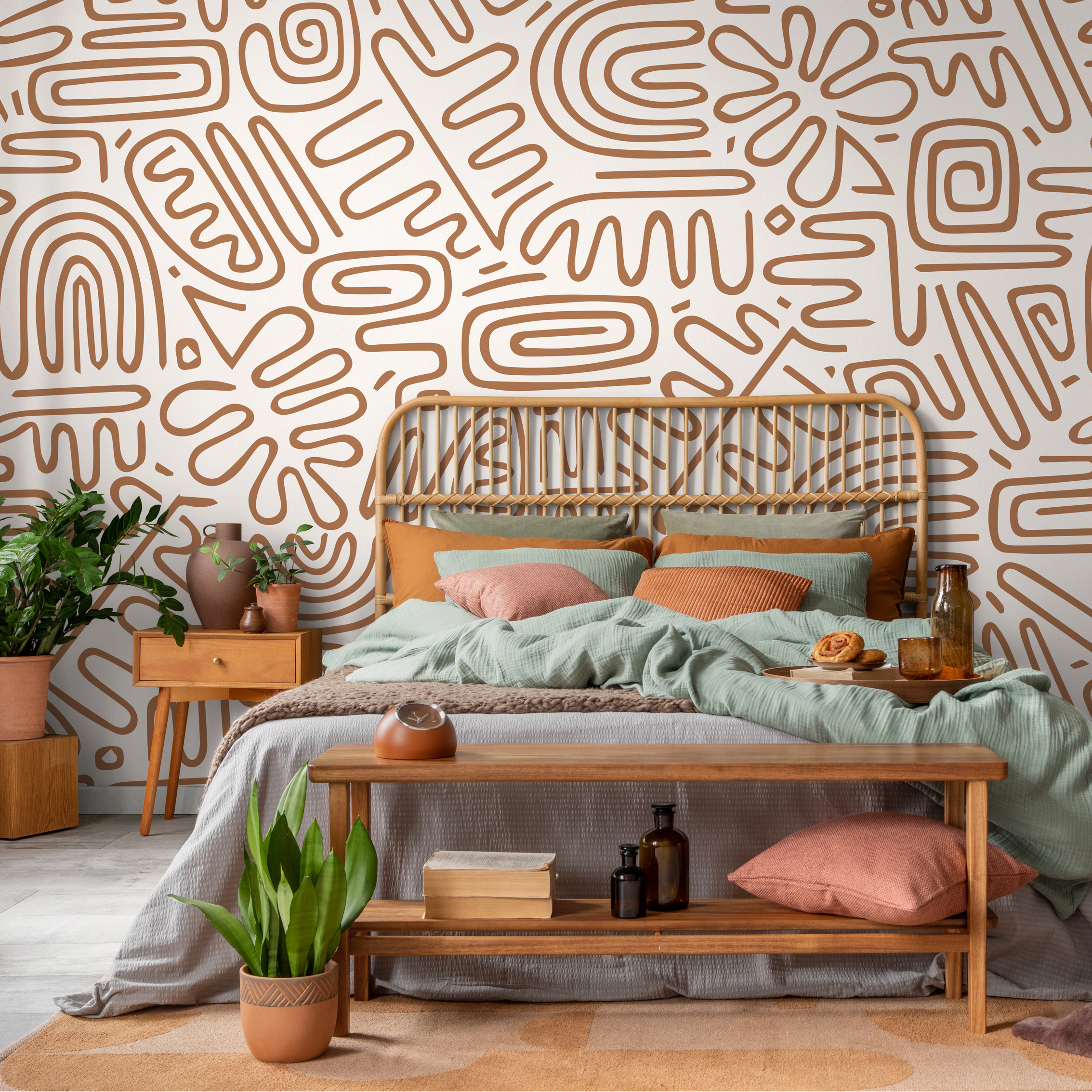 Abstract Wallpaper With Primitive Line Art In Brown - C082