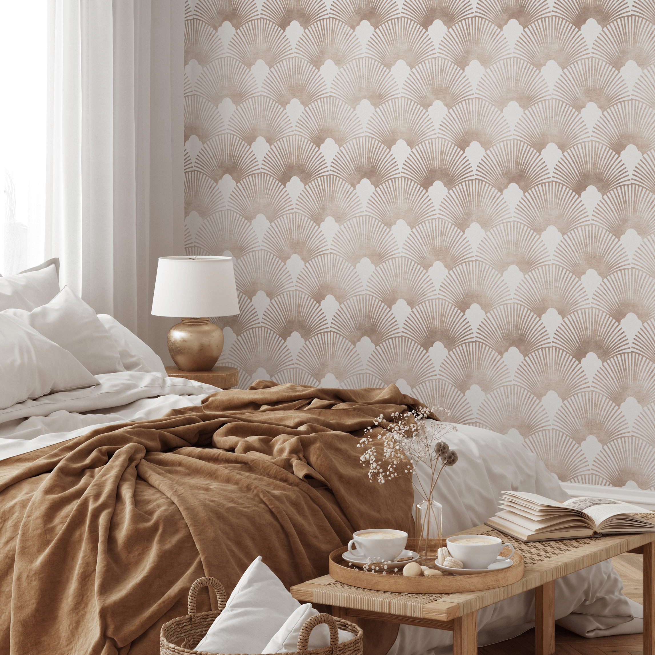 Art Deco Wallpaper With A Scalloped Fan Motif In Beige And Brown - C083