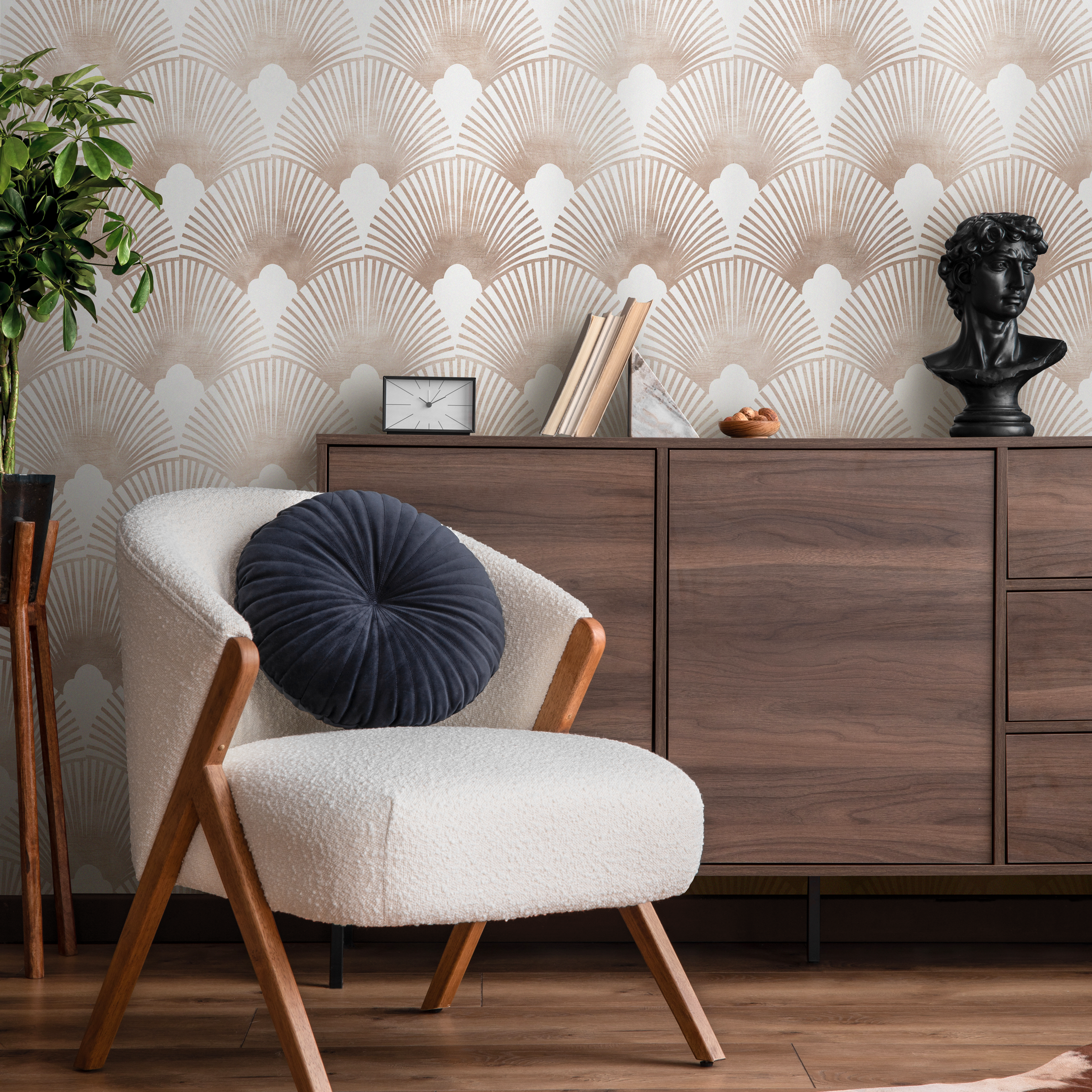 Art Deco Wallpaper With A Scalloped Fan Motif In Beige And Brown - C083