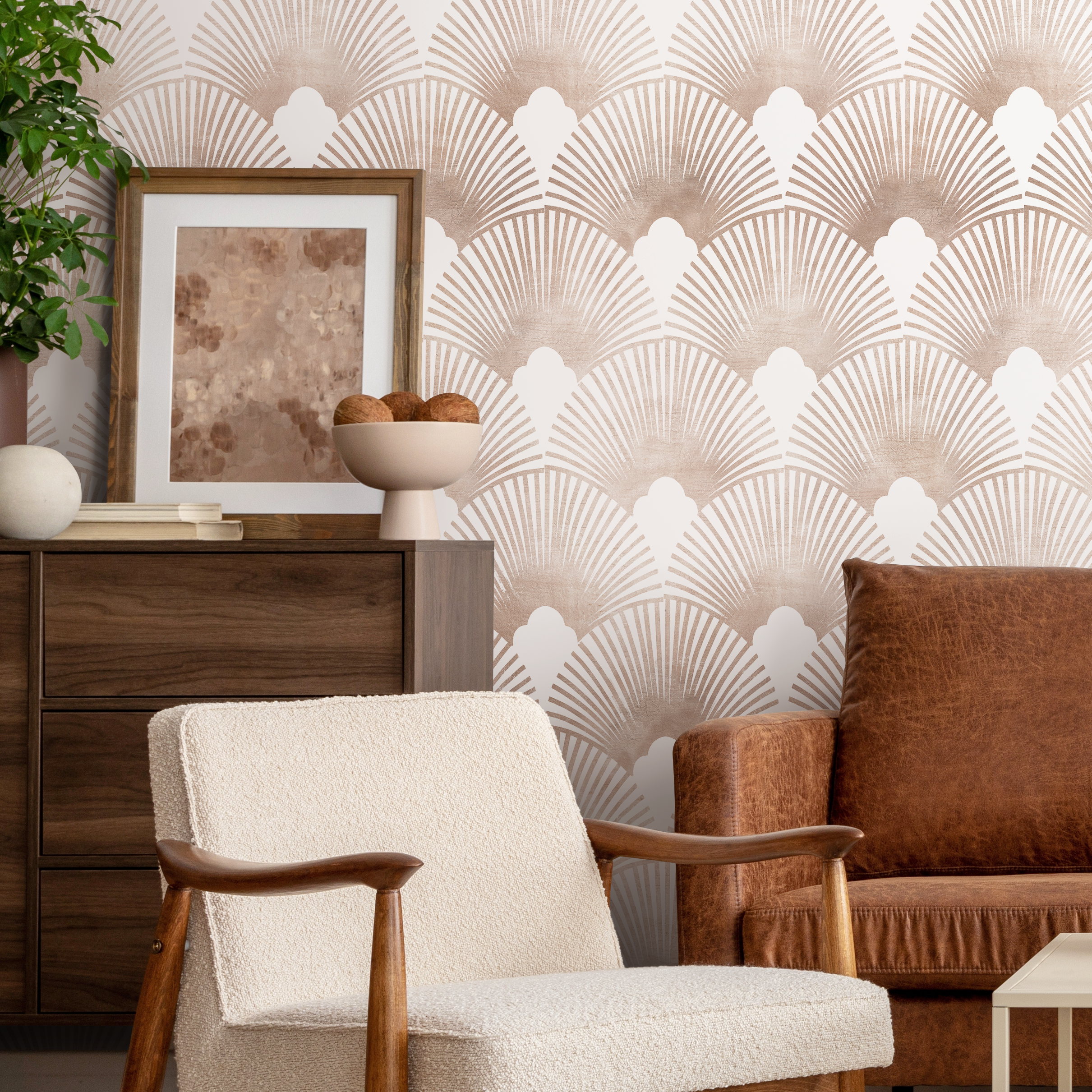 Art Deco Wallpaper With A Scalloped Fan Motif In Beige And Brown - C083